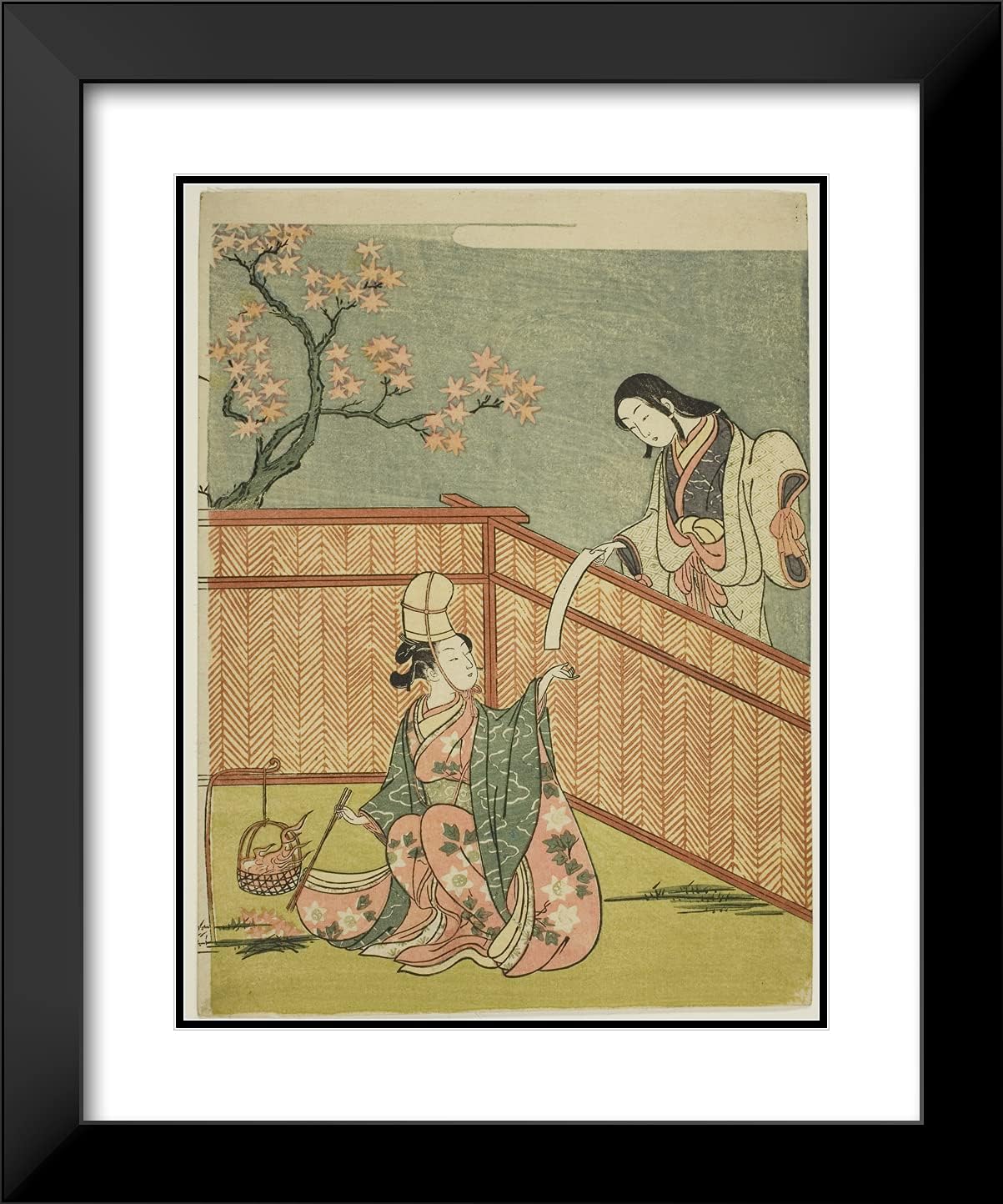 ArtDirect Suzuki Harunobu 20x24 Black Modern Framed and Double Matted Art Print Titled Burning Autumn Maple Leaves