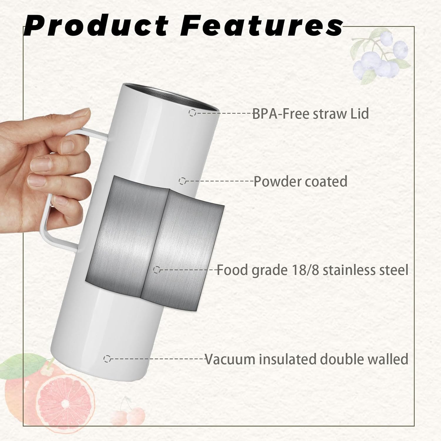 25 Pack 20 oz Sublimation Blank Tumbler with Handle and Straw Stainless Steel Double Vacuum Insulation Skinny Mug Bulk Heat Press Transfer Printing DIY Cups - Image 3