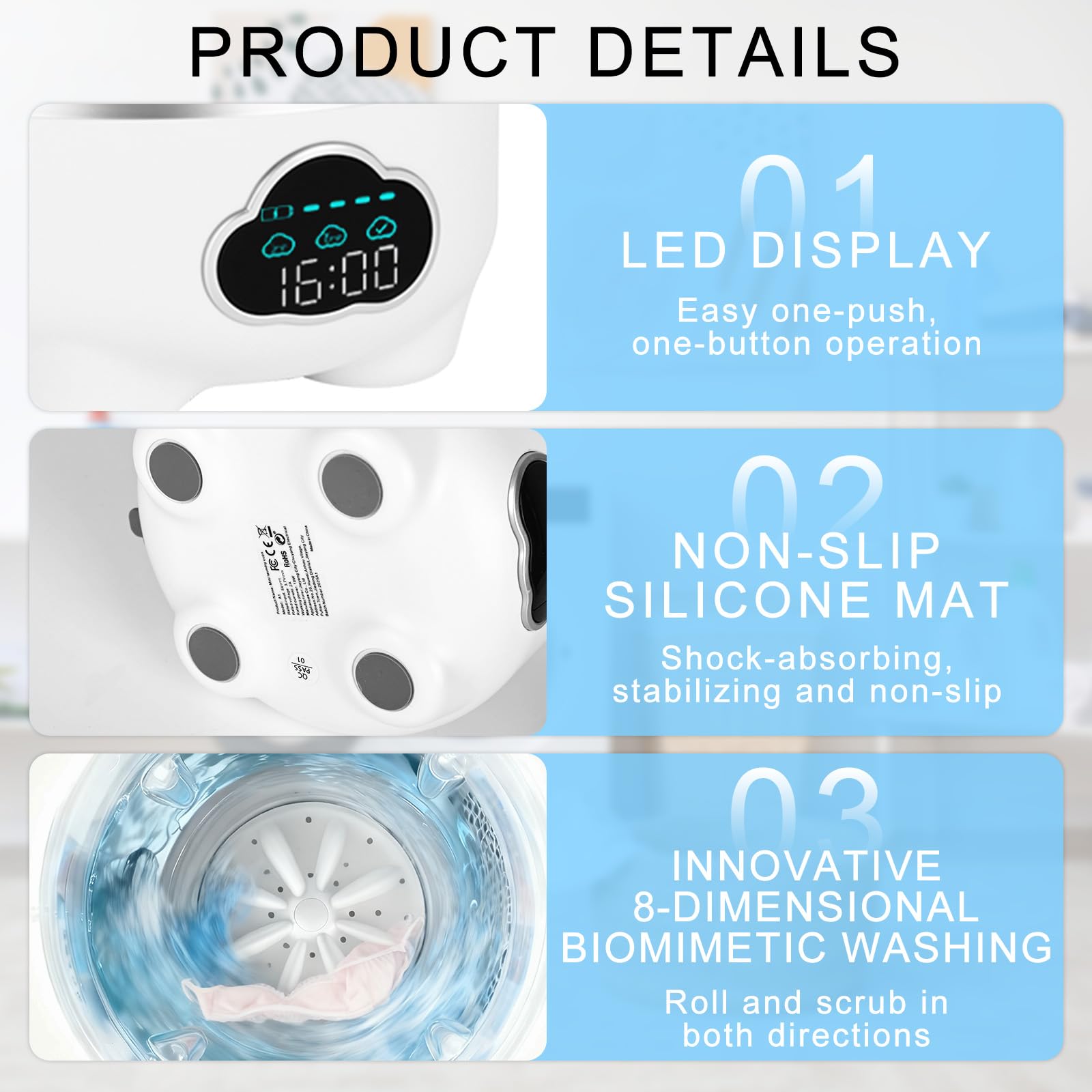 DMJJSD Lavadora portátil, lavadoras pequeñas de 1,6 L, 6000 mAh, 3 modos de lavado, pantalla LED, lavadora plegable USB, para camping, hogar, apartamento, hotel, camping y viajes — view 3