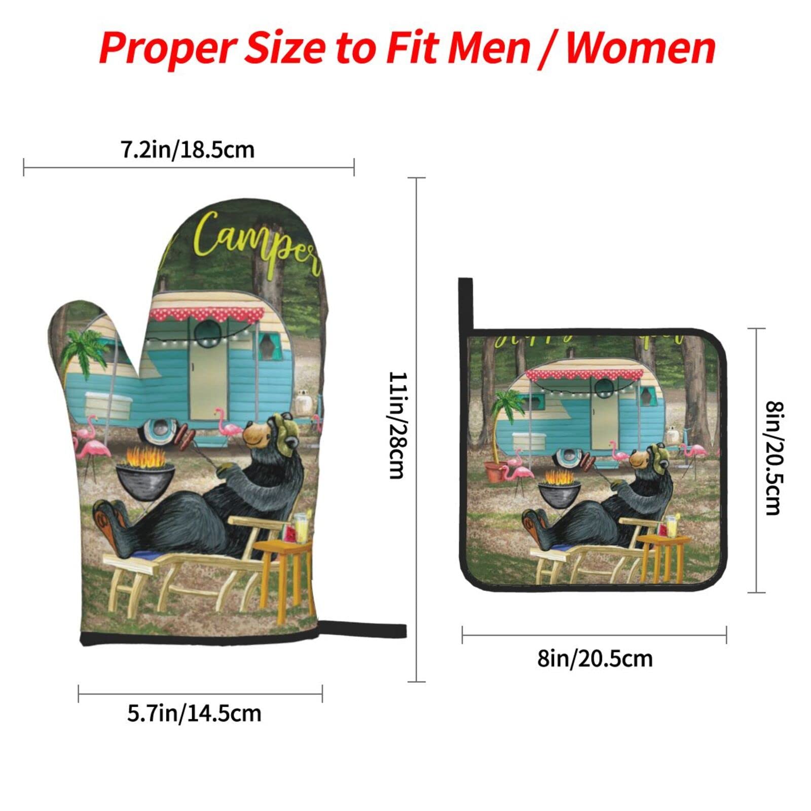 Happy Camper Ofenhandschuhe Set - 4-teilig Mit Vintage Holzmaserung | Hitzeisolierend & Wasserdicht Für Küche, Grill & Camping