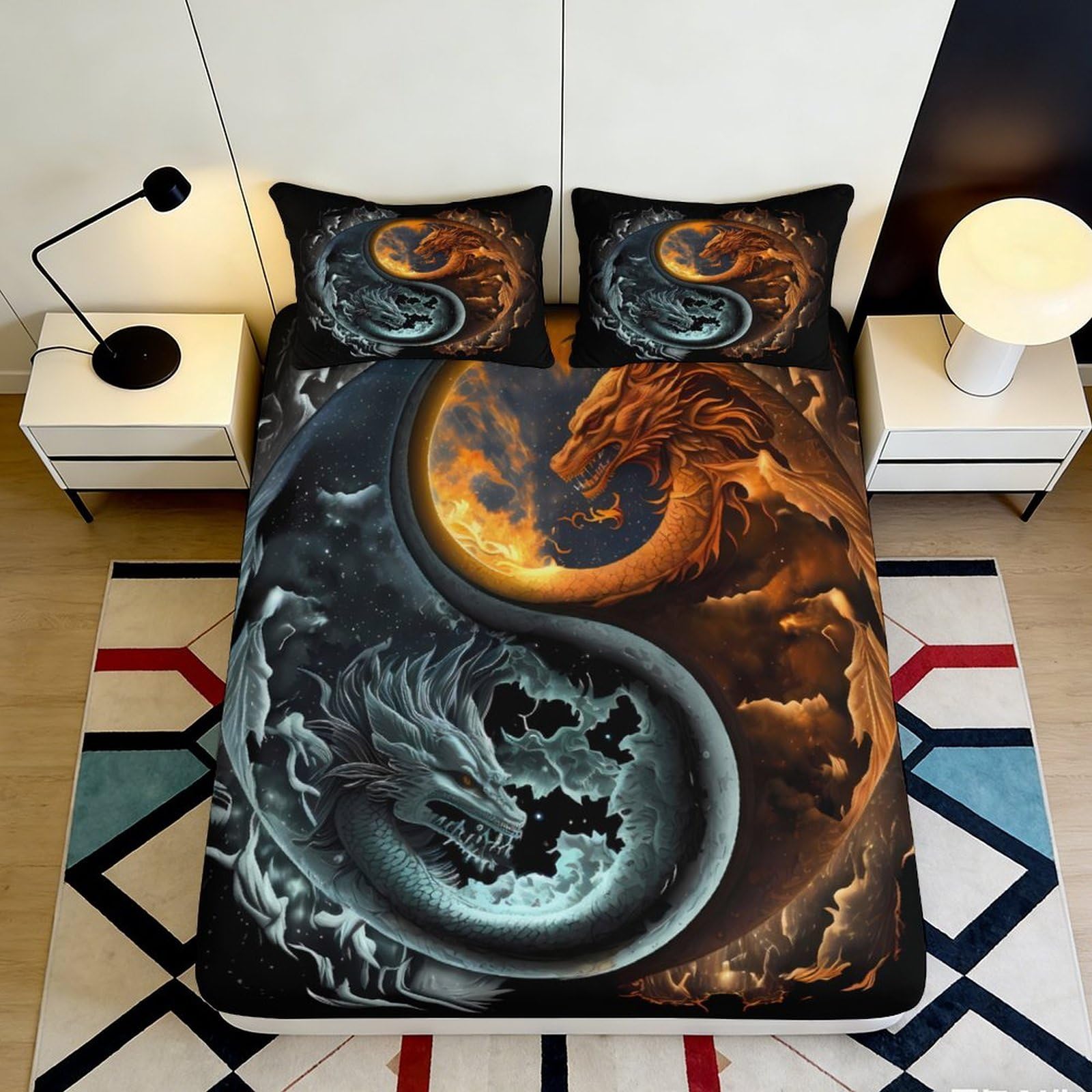 3D Printed Yin Yang Dragon Fitted Sheet Microfiber Orange Black Mattress Cover for Bedroom Dorm Decoration Easy Care 160x200x25cm