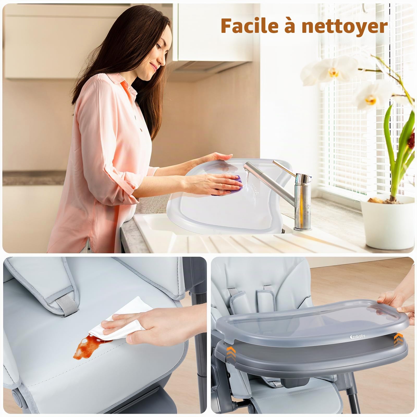 Ezebaby Chaise Haute Bébé Evolutive Chaise enfant 6 Réglable en Hauteur, Pliable, avec Roues Intégrées et Harnais de Sécurité à 5 Points Idéale pour Manger et Jouer (Gris)