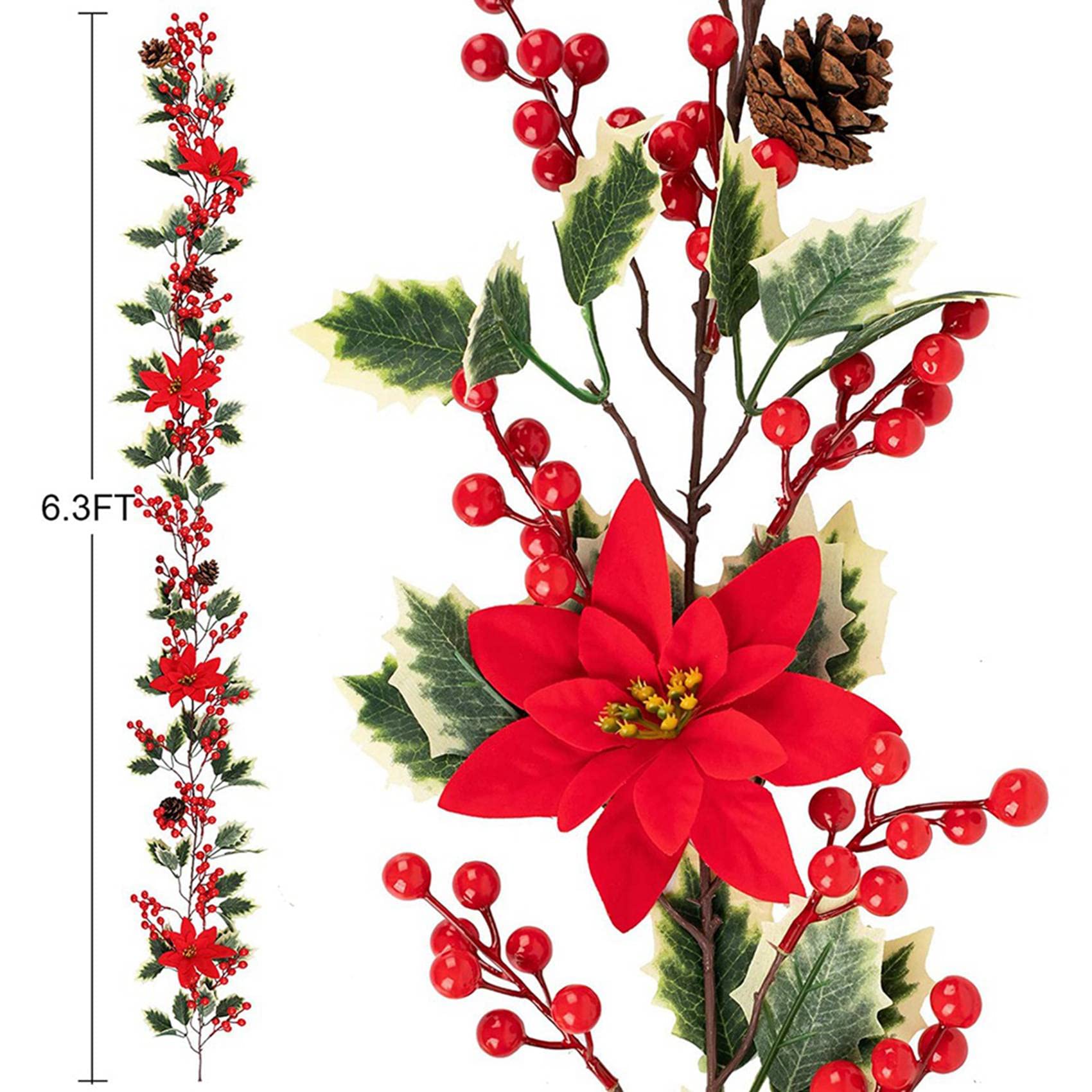 5X Guirnalda Navideña de Frutos Rojos de 6.3 Pies, Guirnalda de de Pascua Artificial, Guirnalda de Bayas Navideñas con Piñas