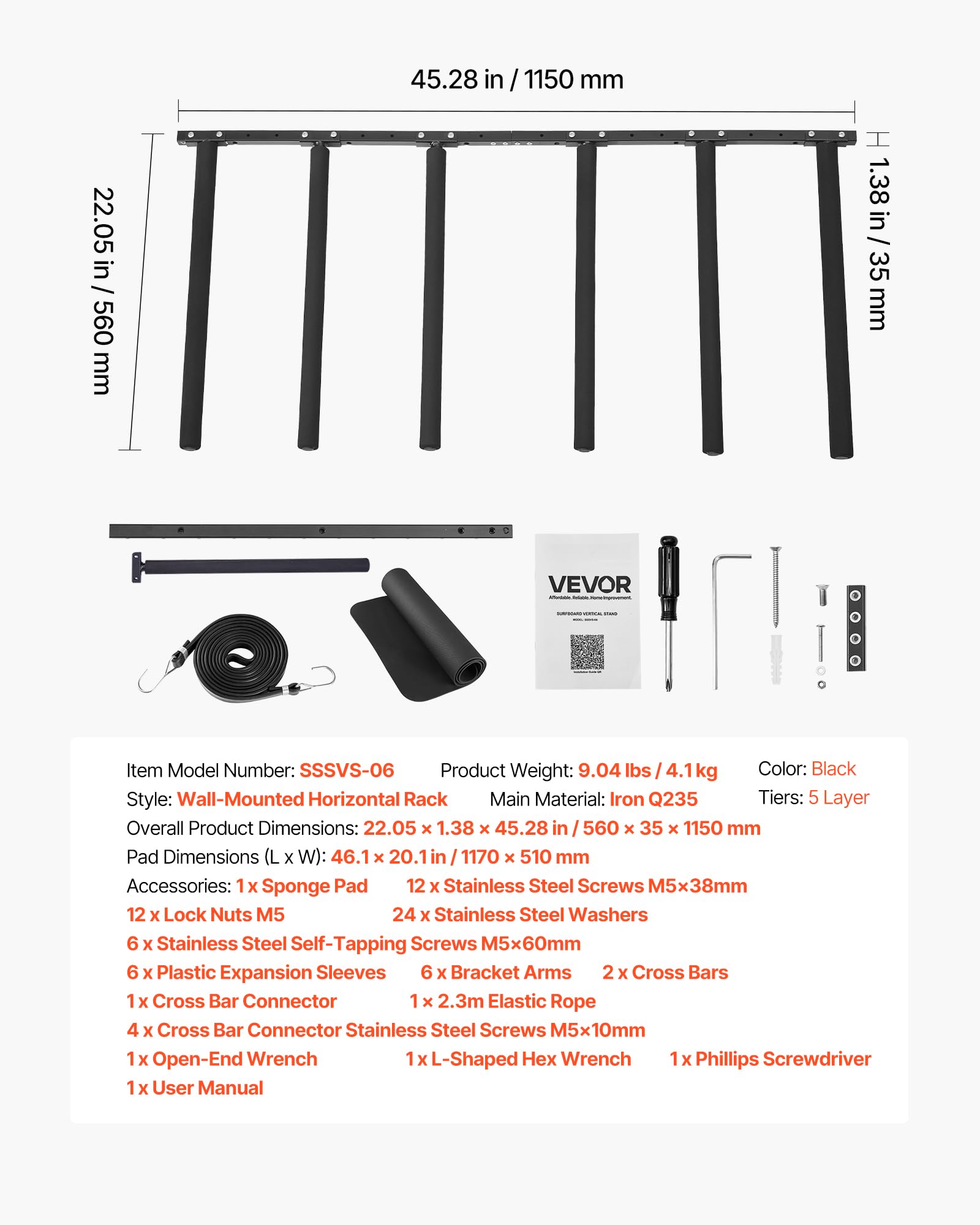 VEVOR Support Vertical pour Planche de Surf à 5 Niveaux, Support Mural pour Rangement et Exposition, Affichage réglable en métal avec Coussinet en éponge, pour Planche à Neige, Kitesurf, Skateboard