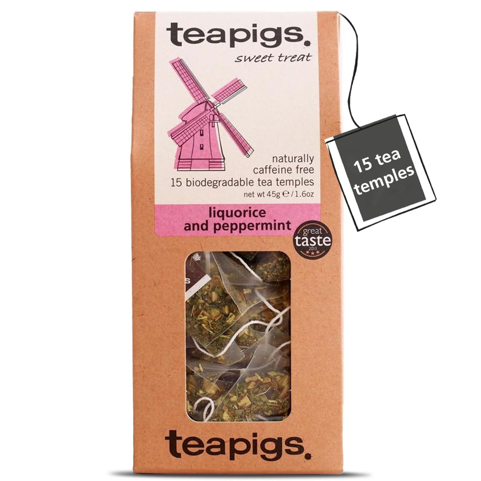 teapigs Liquorice & Peppermint Tea Bags - Whole Leaf Sweet & Minty Blend - Naturally Caffeiene-Free, 1 Calorie Per Cup - Great Taste Award Winner - 15 Biodegradable Tea Temples (1 Pack)