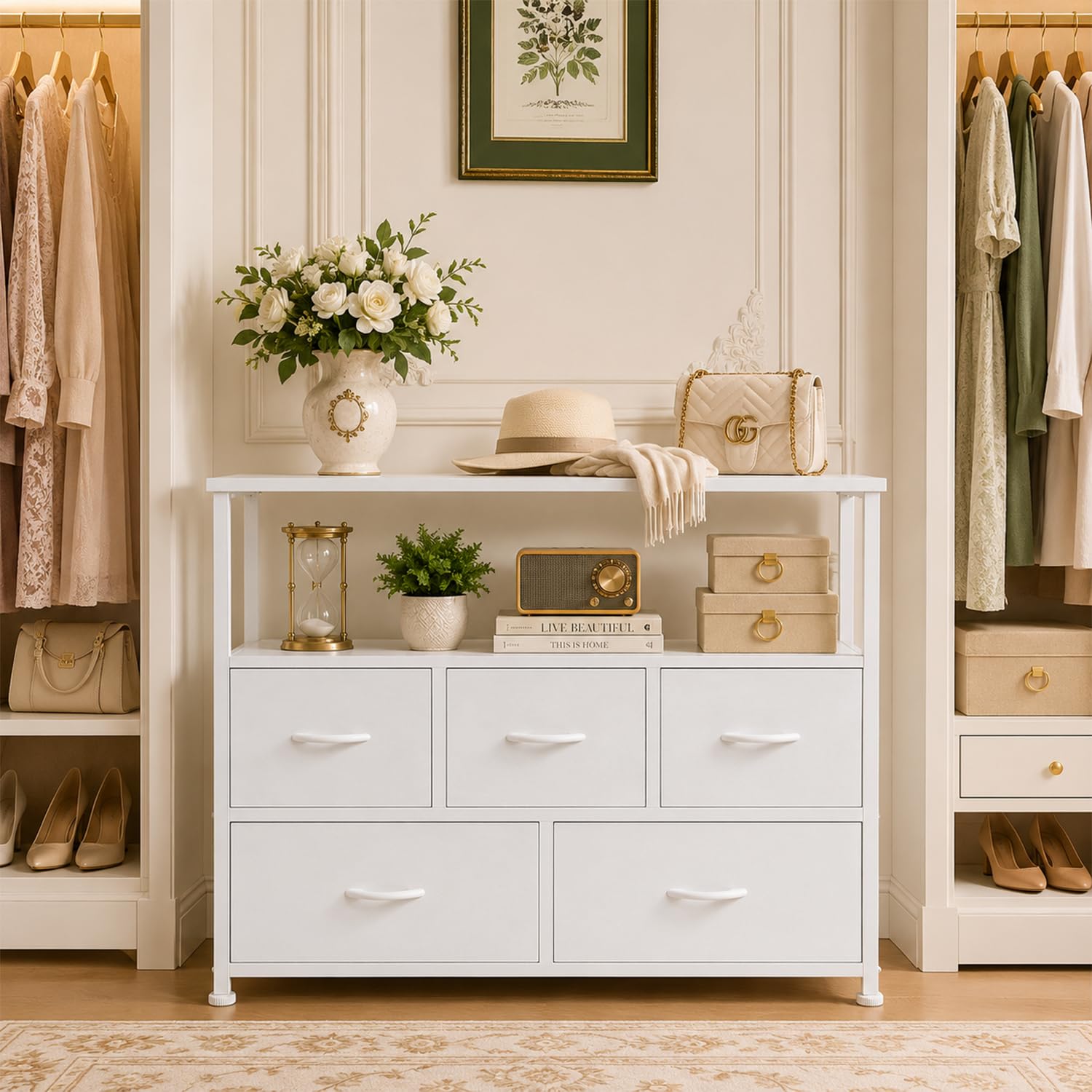 DUMOS Kommode mit Schubladen - kommoden & Sideboards für Schlafzimmer Geeignet, Komodenschrank mit 5 Schubladen, TV-Schrank mit Stahlrahmen,Schrank Klein, Ideal für Flur, Wohnzimmer (Weiß)
