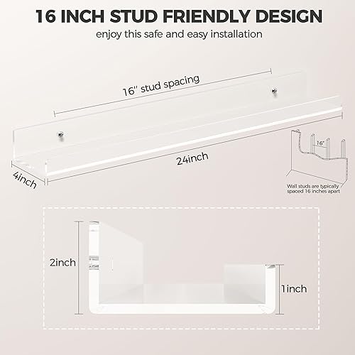 Miniatura 3 de HBlife Estantería flotante de pared invisible de 24 pulgadas para niños y guardería, estantes acrílicos transparentes de 16 pulgadas con espacio