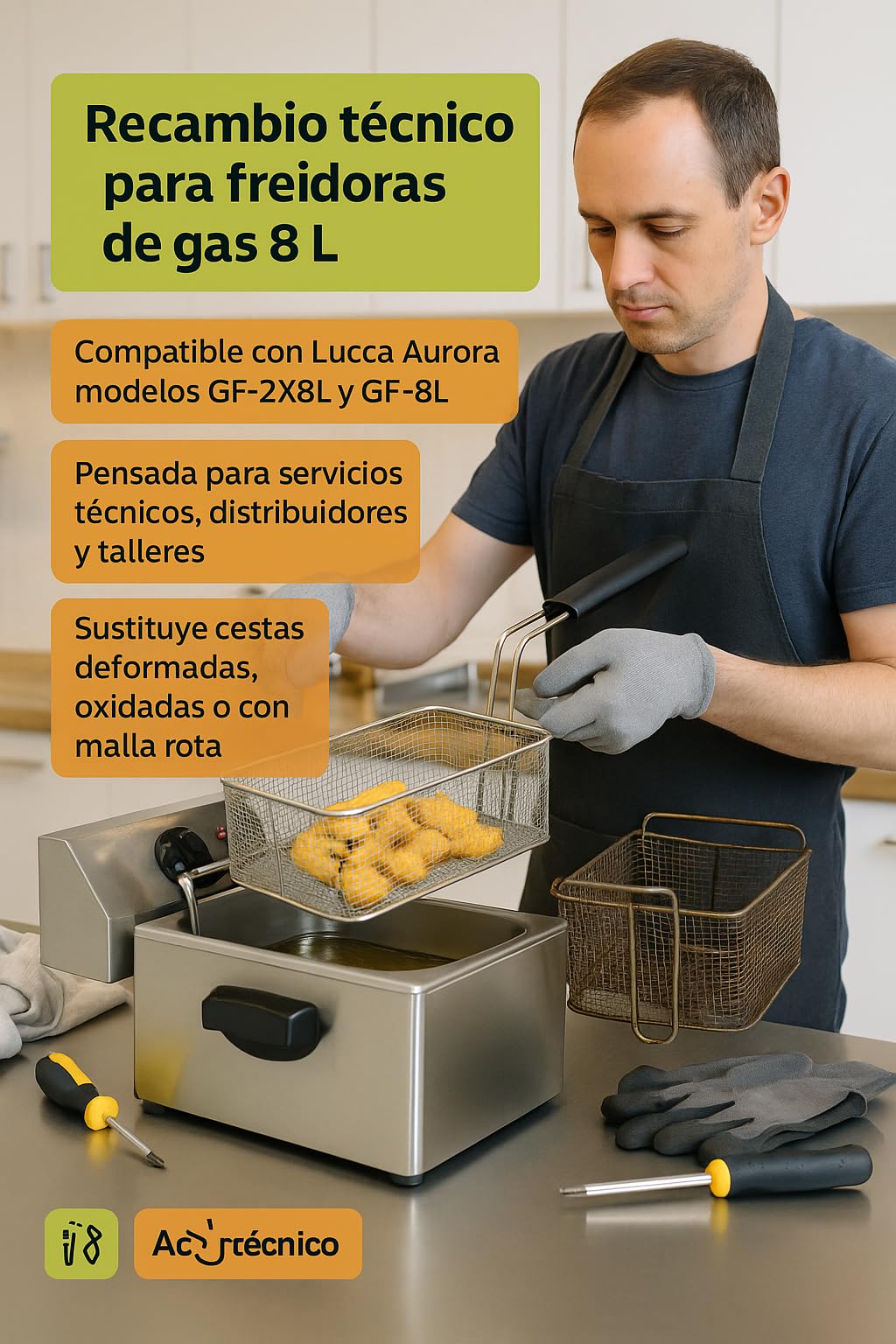 CubetasGastronorm ® Cesta Freidora Gas 8L 200x310x145mm Acero Inoxidable Cocina Profesional Recambio Universal Compatible Con Lucca Aurora GF-2X8L GF-8L Asa Fria Para Freidoras De Hosteleria Plus