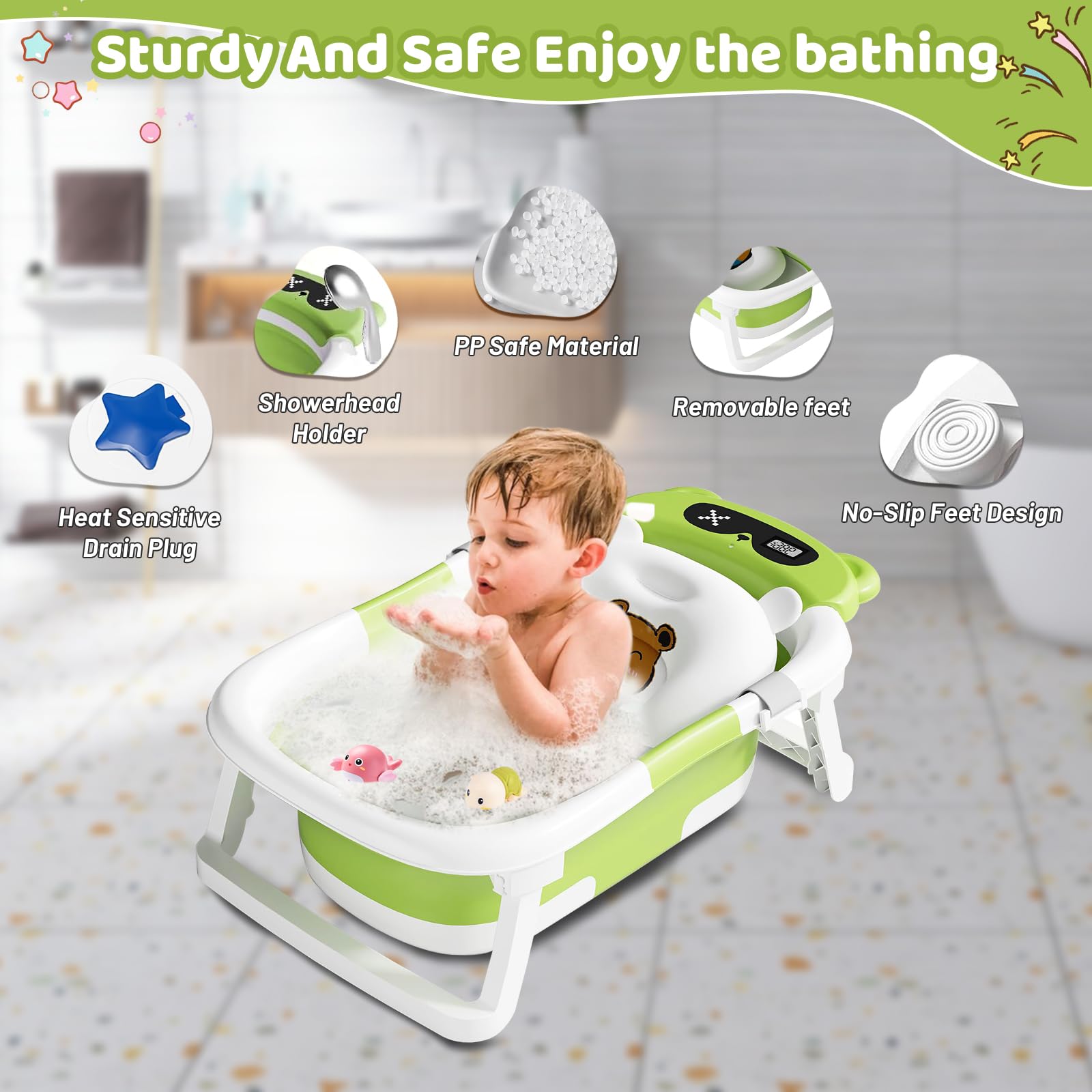 Baignoire Bébé Pliable avec Coussin de Bain et Thermomètre Intégré, Bouchon d'Évacuation, Vert Ours