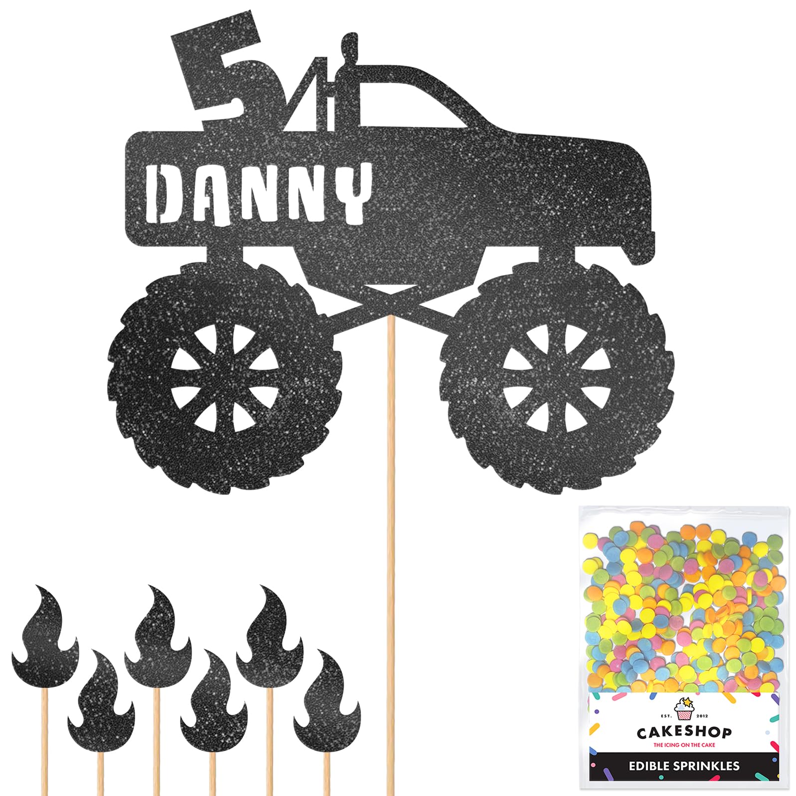 Personalised Monster Truck Glitter Cake Topper- Black Any Custom Age & Name Glitter Cake Decoration and Sprinkles - Happy Birthday Decorations - Personalised Toppers for Cakes by Cakeshop — image 1