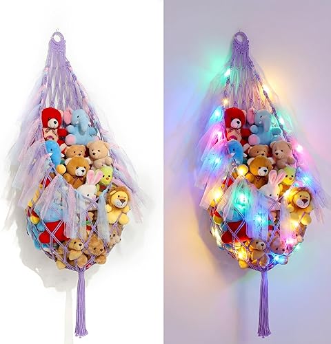 Stuffed Animal Storage Organizers with LED Lights 59 Inch Large Toy Storage Stuffed Animal Hammock Macrame Toy Display Plush Holder Wall for Bedroom