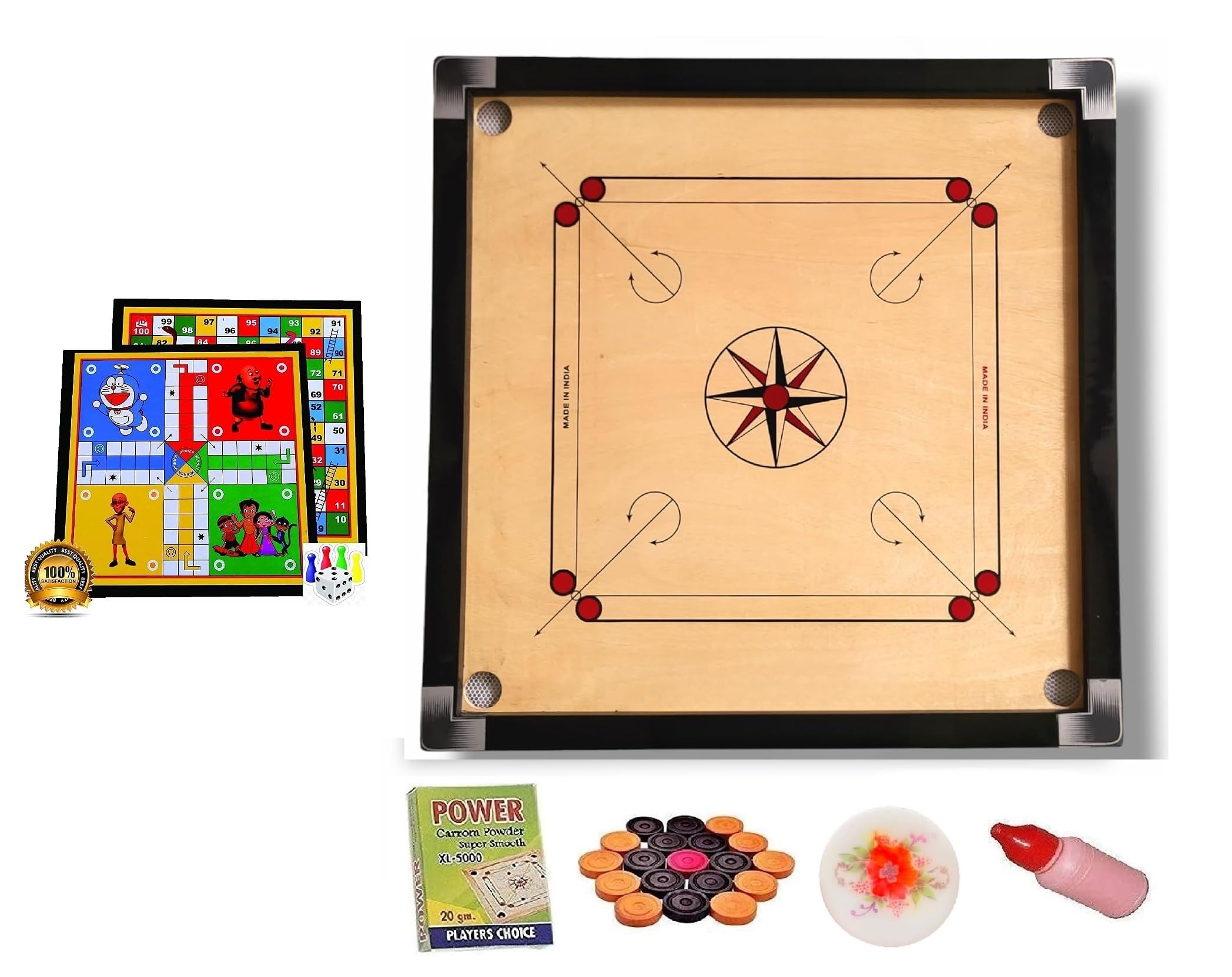 WRF Superior Matte Finish Practice Carrom Board for Serious Professional Practice with Coins Striker and Powder Black New (32 Inch with Ludo WR-1)
