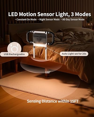 Miniatura 9 de Rieles de cama para adultos mayores productos de asistencia para ancianos con doble agarre ajustable, bolsillo de almacenamiento, luz con sensor de