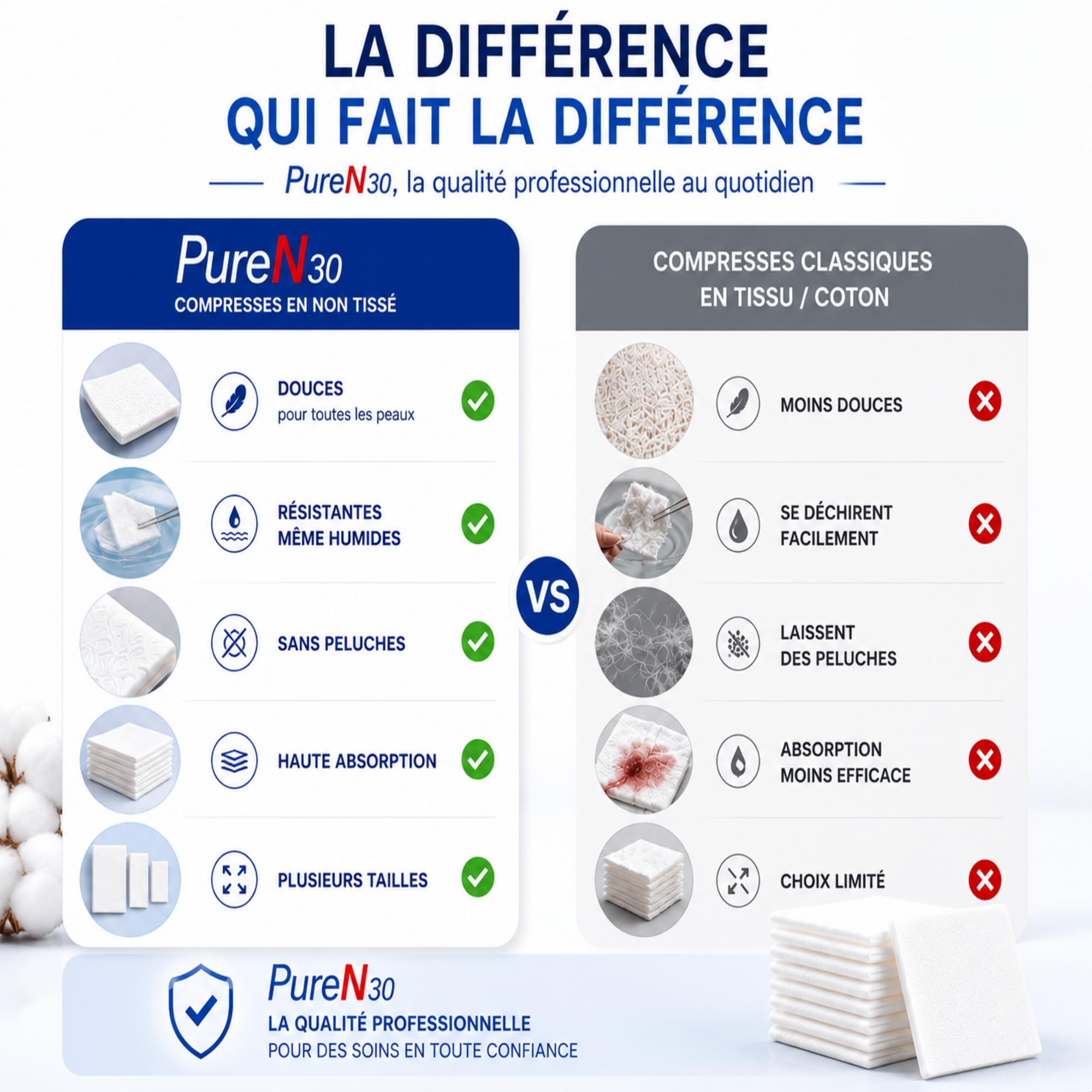 Lot de 10 Sachets de 100 Compresses Non Tissées Non Stériles (7,5 x 7,5cm) – Hypoallergéniques, Ultra-Absorbantes – Usage Médical et Domestique – Le Pro du Médical