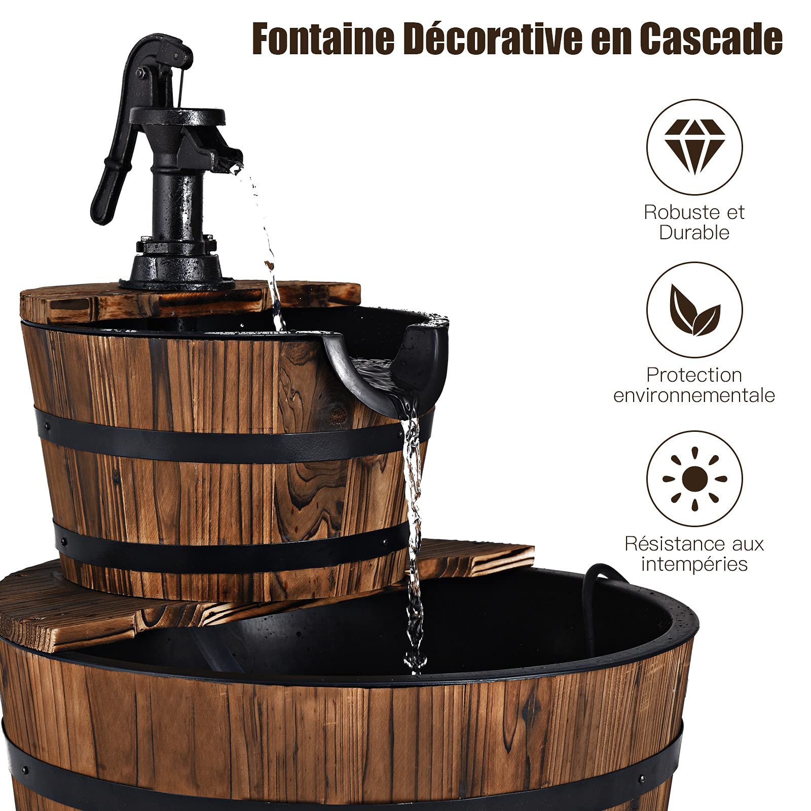 GOPLUS Fontaine à Eau à 2 Couches en Sapin Carbonisé, Écoulement d’Eau Ajustable, Fontaine Extérieure avec Pompe Manuelle Décorative, Idéal pour Jardin ou Cour, Marron Foncé