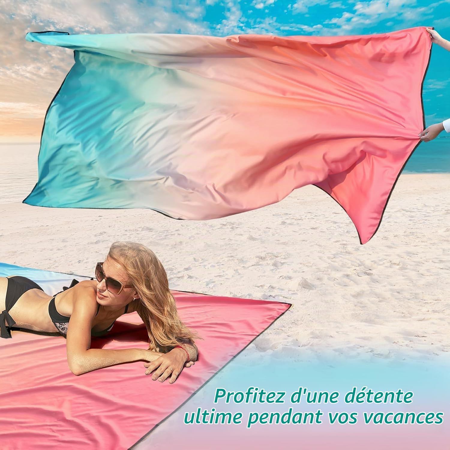 Tapis de Plage Imperméable, Couverture de Plage Large Anti Sable Drap de Plage pour Plage, Camping, Picnic, Parc, Voyage ect Les Èvénements en Extérieur (Brogressivement Rose/Bleu, 280 x 300cm)