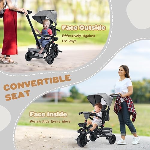 Miniatura 4 de TODUFULL Triciclo plegable para niños, triciclo 8 en 1 con toldo extraíble y varilla de empuje parental, cochecito de bicicleta para niños de 1 a 5