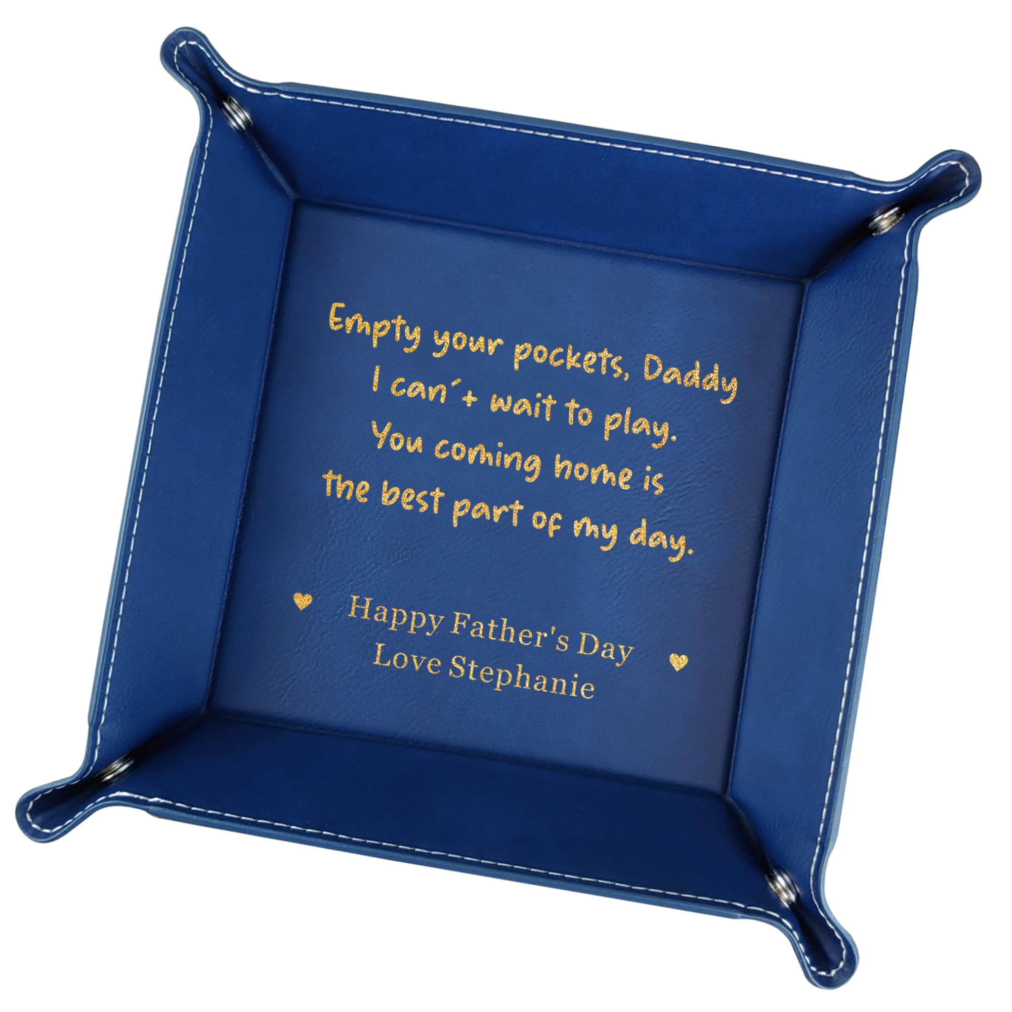 Personalised Valet Tray for Dad Gifts for Fathers Day Leather Valet Tray Organiser PU Leather Bedside Organiser for Keys Wallet Watch Best Dad Gifts from Daughter Son (Blue, 15.5x15.5x4 cm)