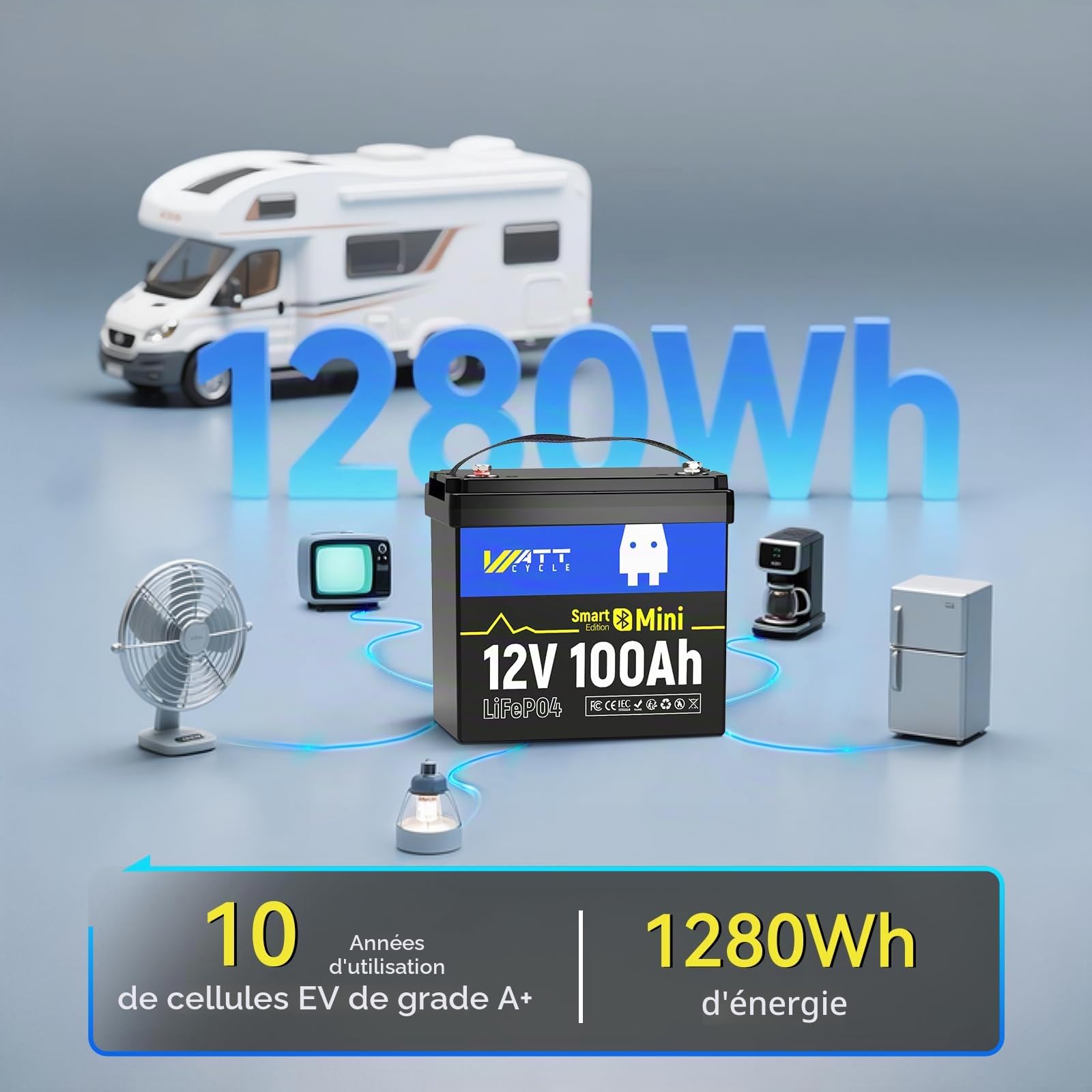 Wattcycle Batterie Lithium 12V 100Ah Mini Bluetooth,12V LiFePO4 1280Wh