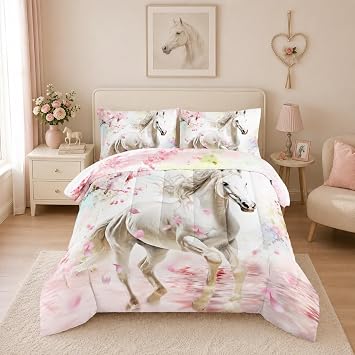 White Horse Comforter Set Twin Size with 2 Pillowcases.