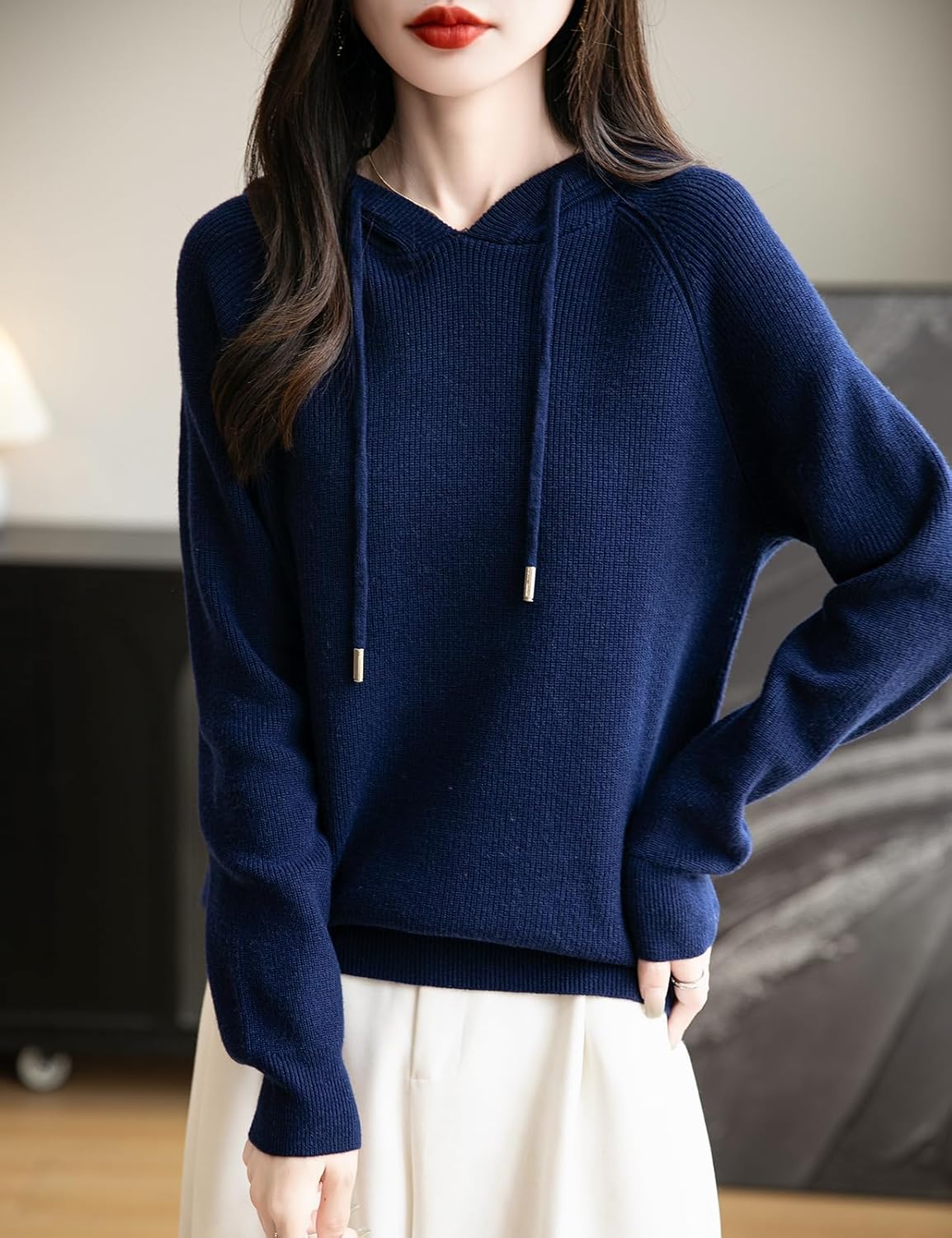 Women's Merino Wool Blend Hoodies 2025 Fall Winter Crewneck Sweatshirt Long Sleeve Knitted Sweater with Drawstring - Image 2