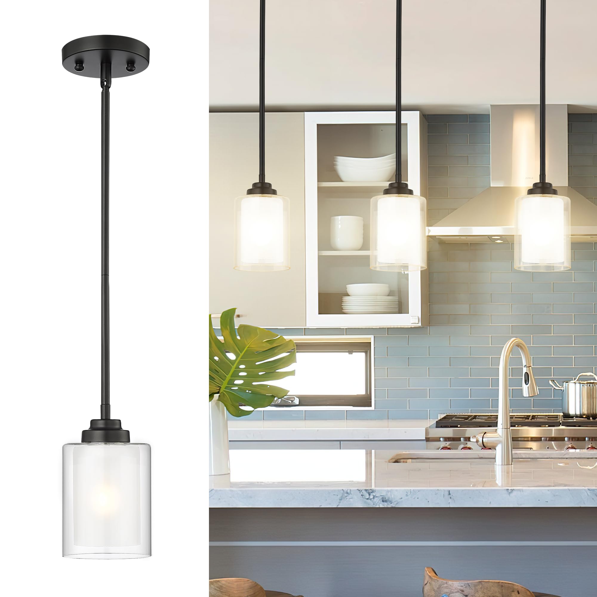 TENGXINModern Pendant Light, Matte Black Pendant Lights Kitchen Island,Farmhouse Pendant Lighting for Dining Room Bedroom Bar Office,TXPLBK02