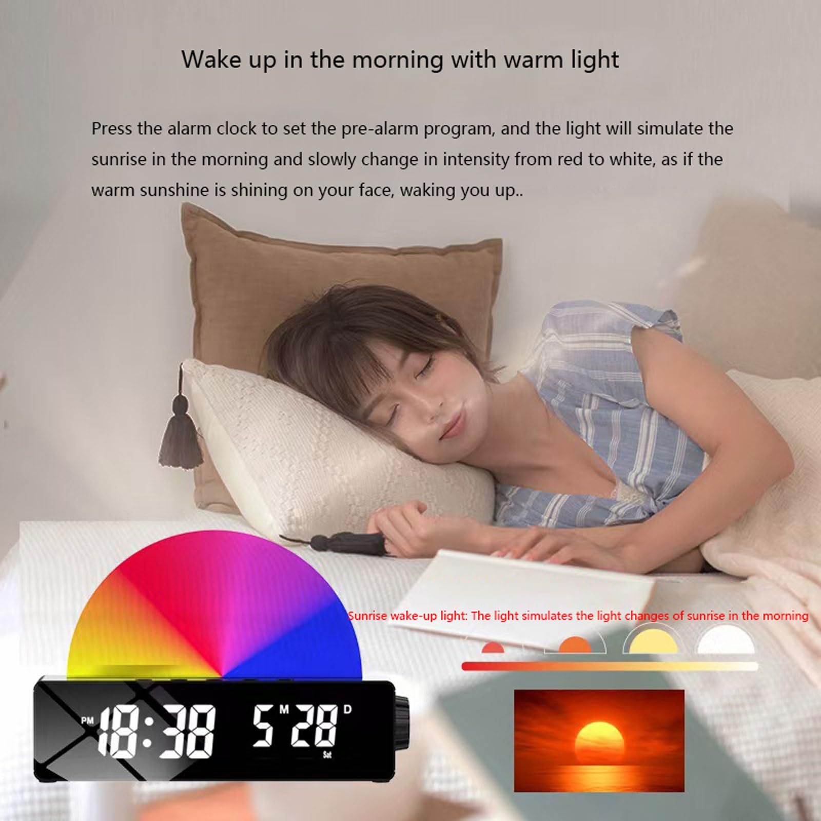 Lustrzany zegar elektroniczny LED, dźwięki i nastrojowe oświetlenie, funkcja symulacji wschodu słońca, nie tykający,Budzik LED(White)