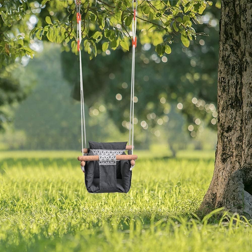 AMPLIN Indoor Outdoor Baby Cotton Swing with Safety Belt and Cushion, Kids Jhula, Grey, Wooden Frame, for 6 Months to 4 Years 4