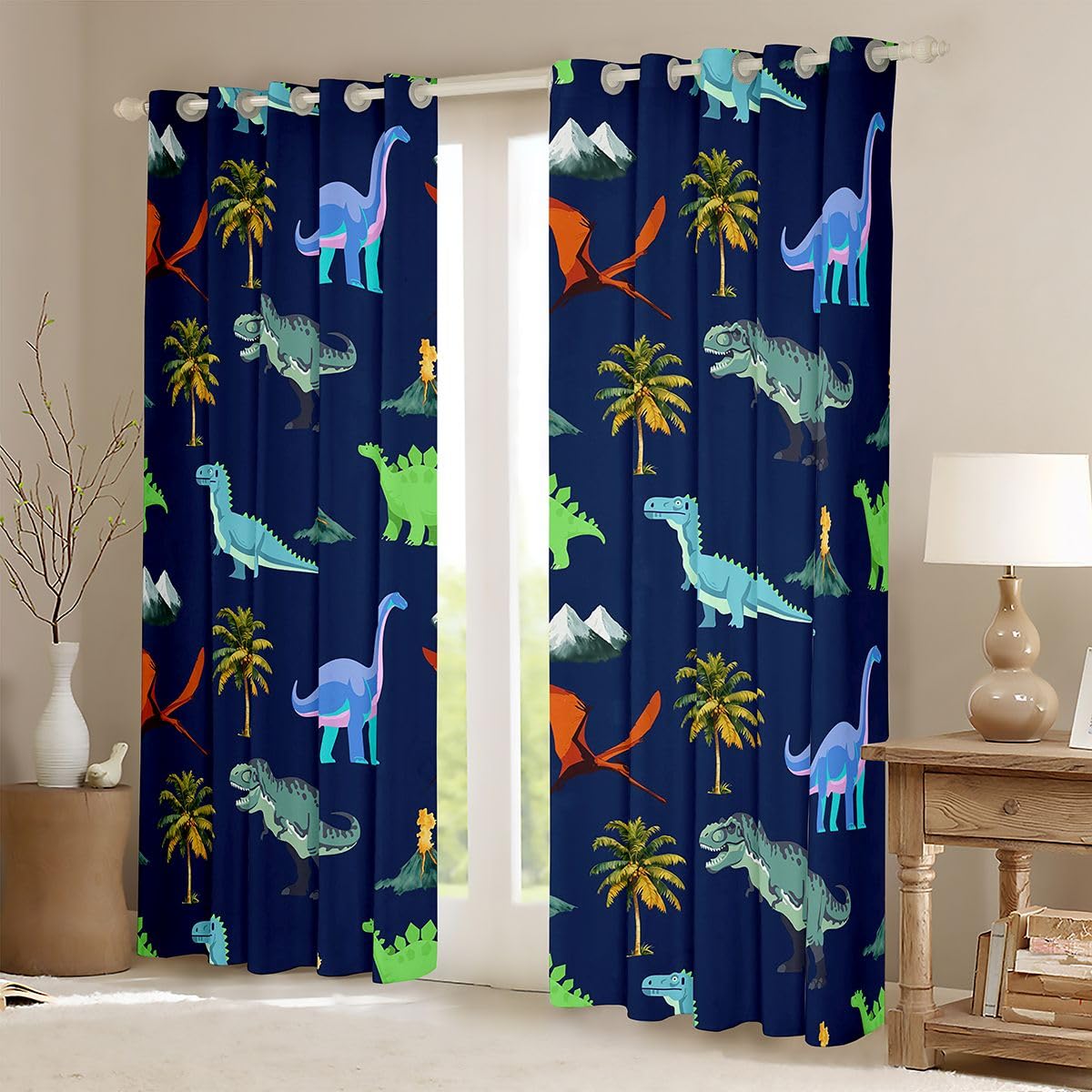 Homewish Rideau Occultant 117x183 cm Dinosaur,Rideau Enfants Adolescents Adults Mignon Coloré Dinosaur,Rideaux Voilage Tropical Palm Trees,Voilage Fenetre Jungle Animal pour Chambre Salon