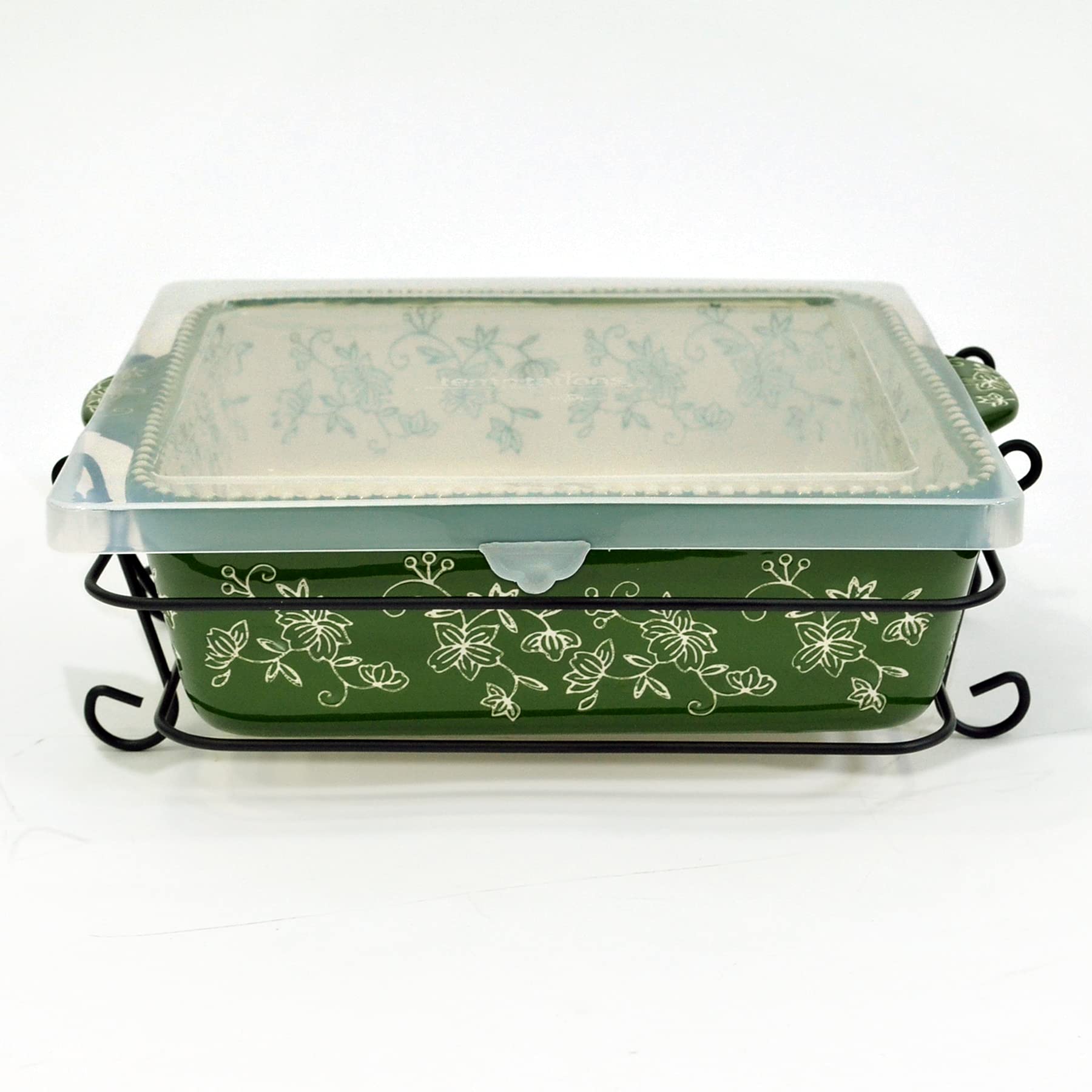 temp-tations® Floral Lace Bakeware Bake and Go Square Bakers with Thermal Tote Bag - Green - Oven Microwave Freezer Refridgerator Safe Ceramic hand painted baking serving kitchen cooking gift picnic