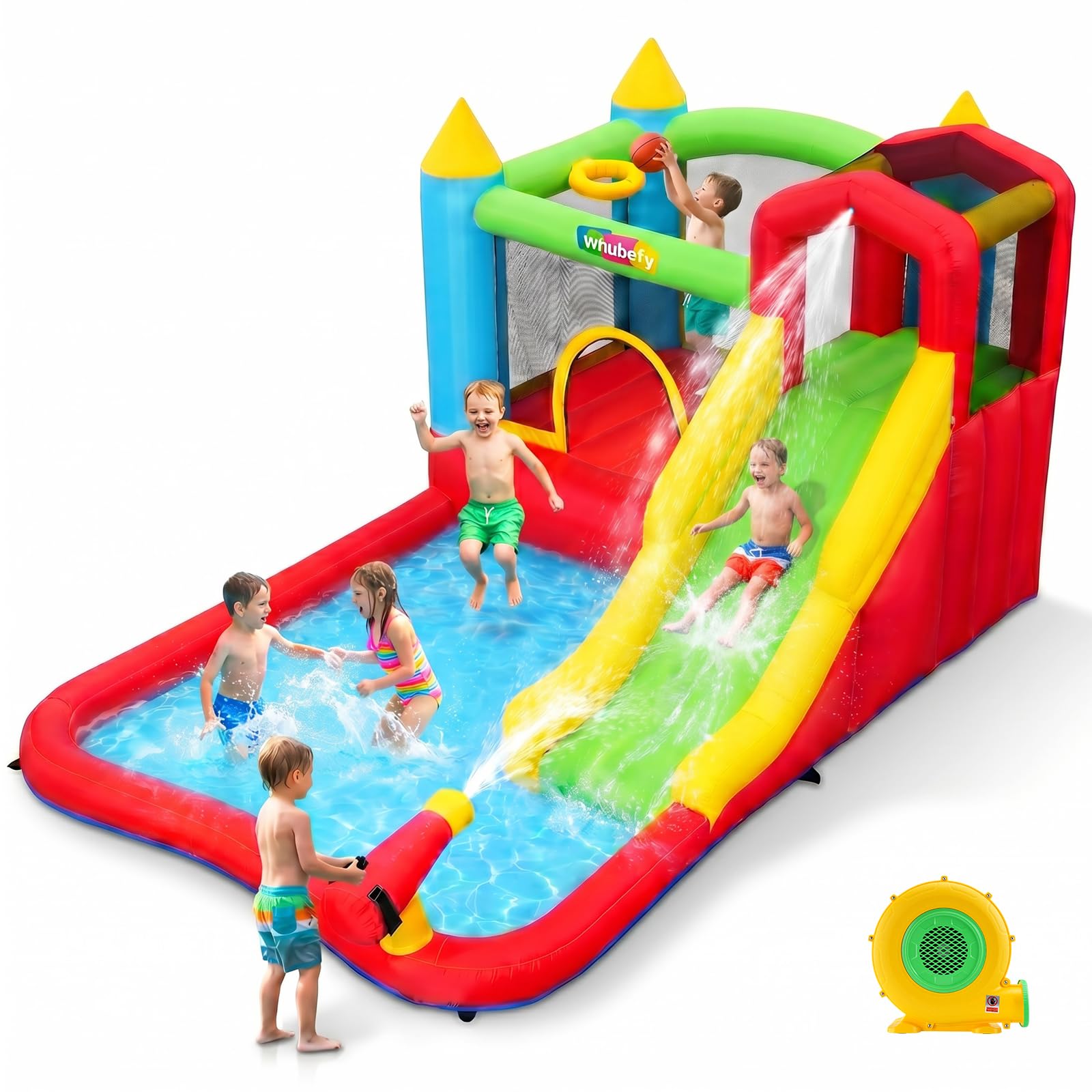 Tobogán acuático Inflable Castillo Hinchable para niños, 2 en 1, Juego de Castillo Hinchable para trampolinburg, Gran Regalo para la Fiesta en el jardín en el Parque acuático, Incluye Ventilador