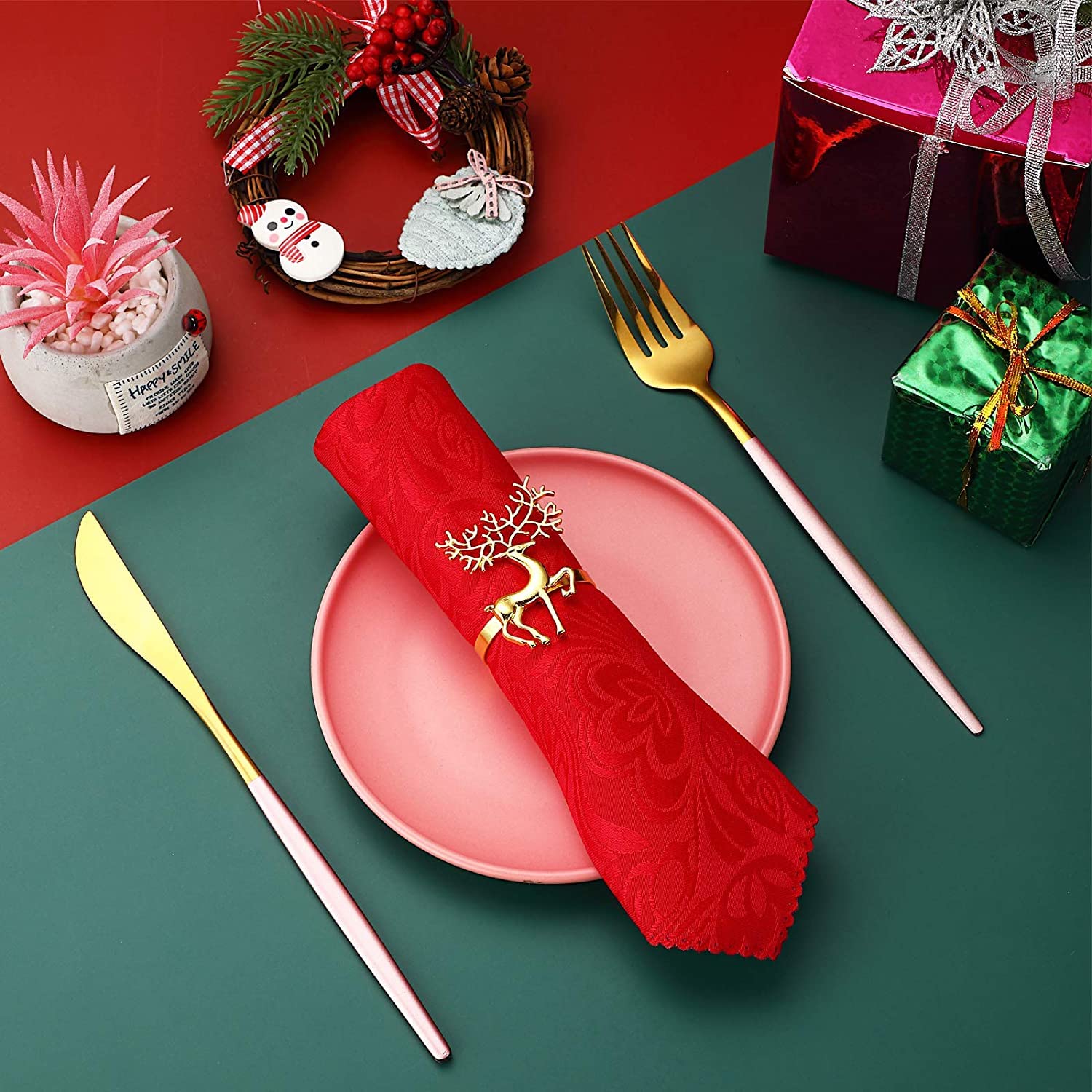 Portatovaglioli A Forma Di Renna Per Natale - Set Da 12 In Oro, Per Tavola Festiva - Foto 6