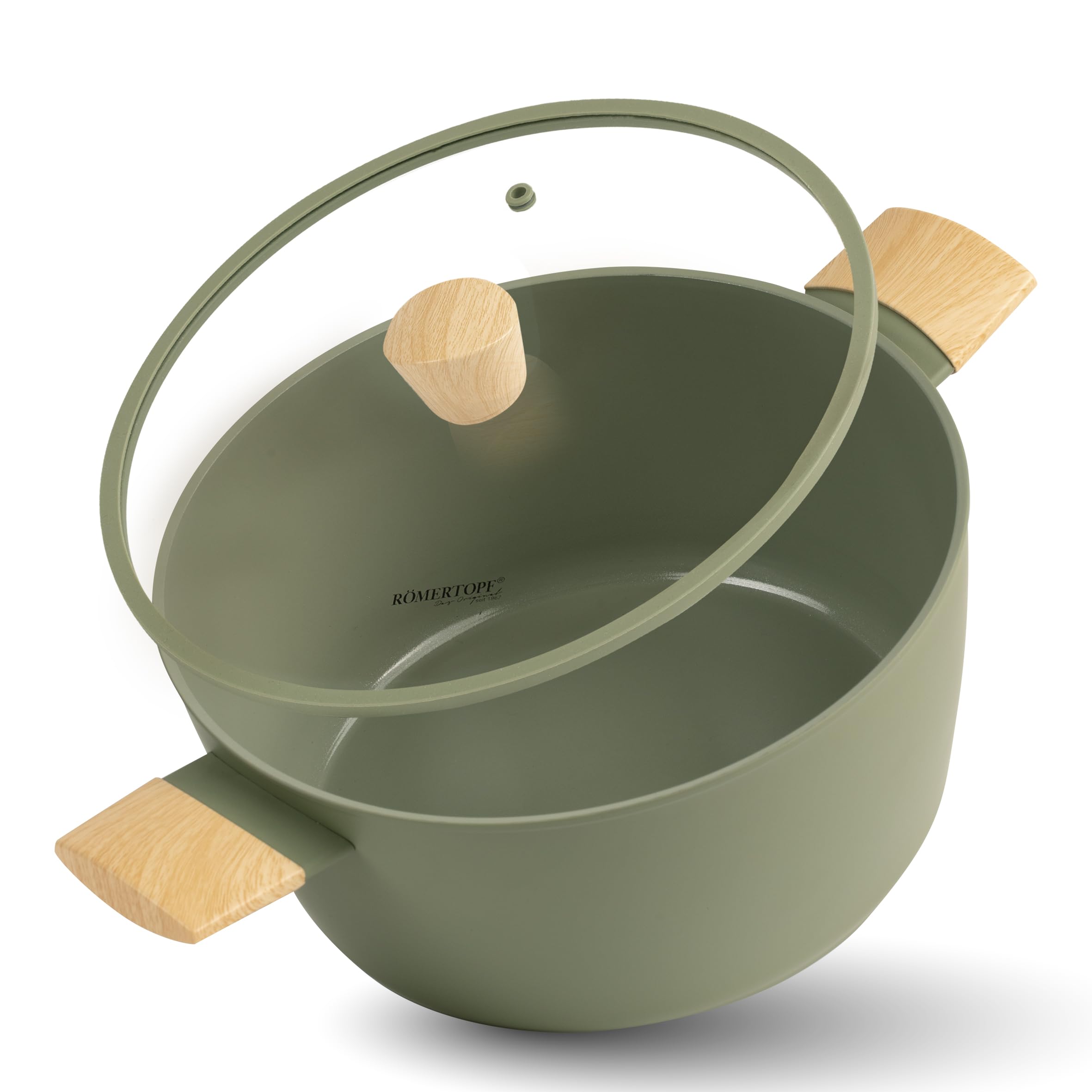 Römertopf Kochtopf 26 cm mit Glasdeckel, 6,1 l Fassungsvermögen, Aluminium mit Keramik Antihaftbeschichtung, für alle Herdarten inklusive Induktion geeignet, grün