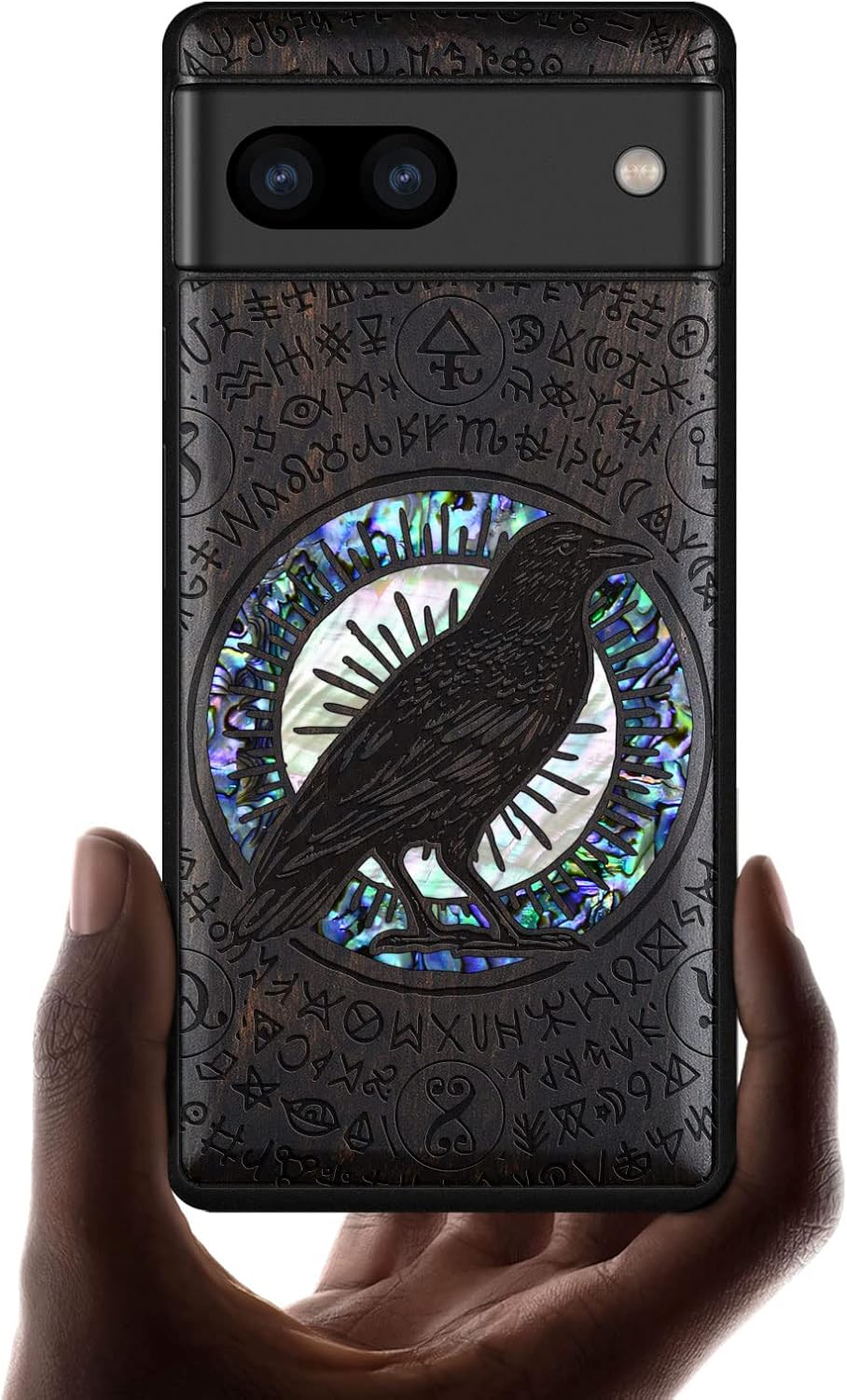 Carveit Designer Wooden Case for Google Pixel 7a Case [Wood Engraving & Shell Inlay] Compatible with Wireless Chargers Pixel 7a (Witchcraft Raven-Blackwood)