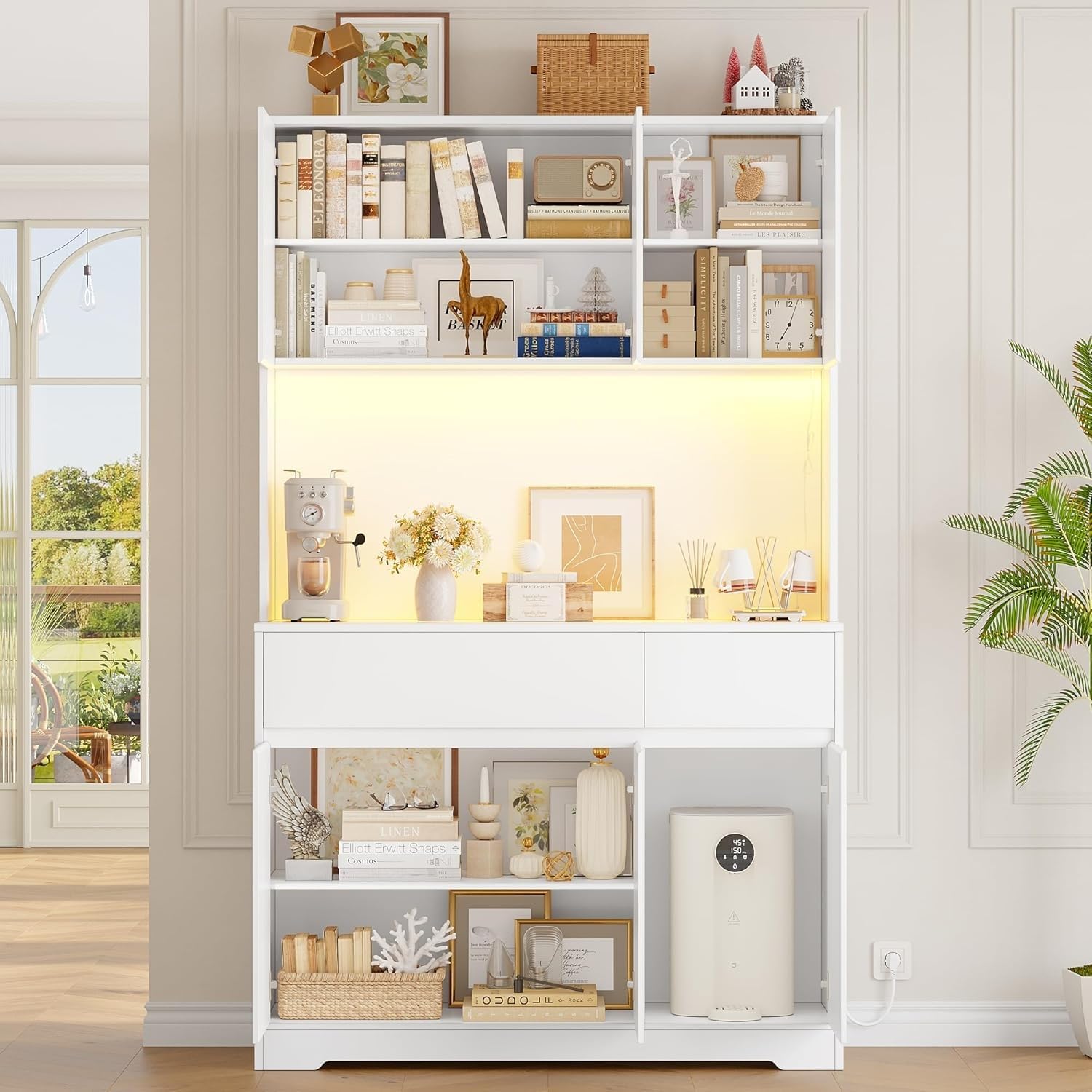 FirFurd Mobile Cucina, Credenza Cucina Alta con Presa e Luce LED, Mobile Dispensa con Ripiani Regolabili, Ampio Piano di Lavoro, per Sala da Pranzo, Soggiorno, 100x38,5x180cm (Bianco)