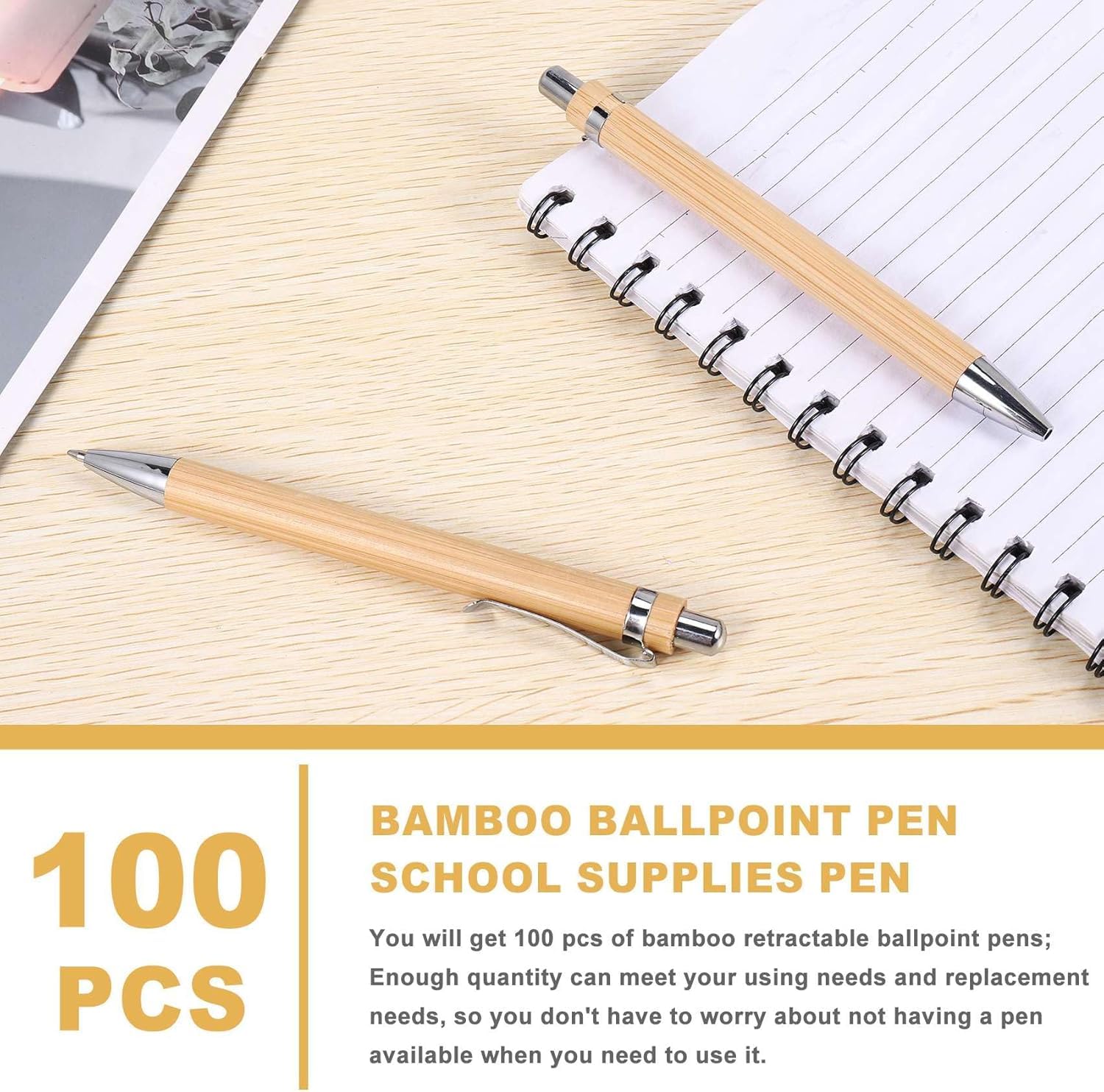 Confezione da 100 penne a sfera retrattili in bambù, 1,0 mm, inchiostro blu, scrittura liscia, per ufficio, scuola, uso quotidiano e come regalo