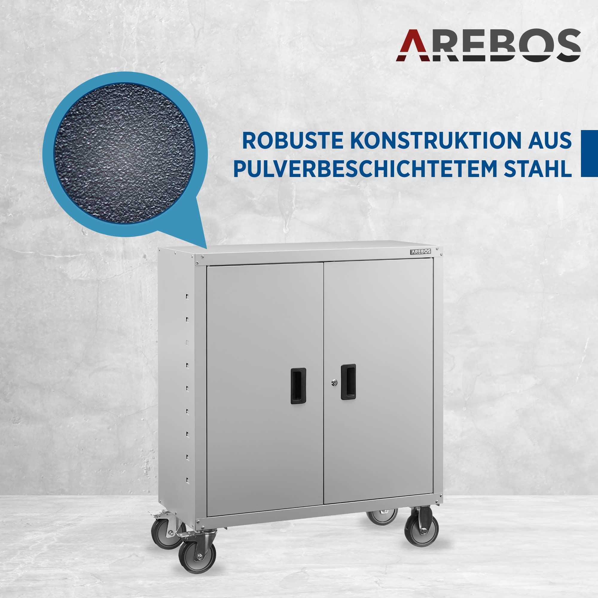 Arebos Aktenschrank | Büroschrank | Lagerschrank | Materialschrank | Stahlschrank | Höhenverstellbarer Einlegeboden | 90x90x40cm | Rollen-Set | Grau