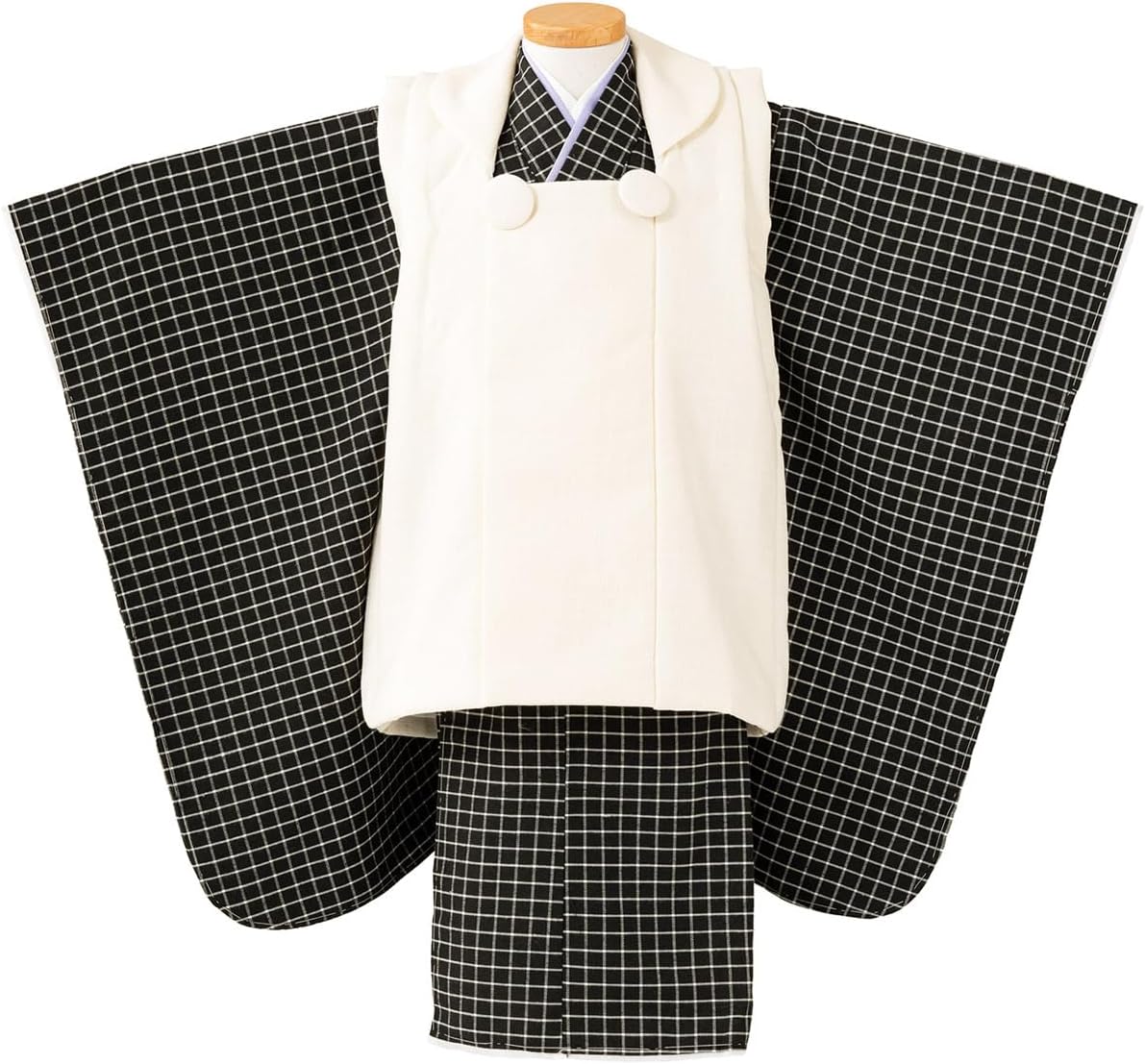 京のみやび] 七五三 3歳 男の子 着物 被布セット 3才 黒 白 チェック オフ