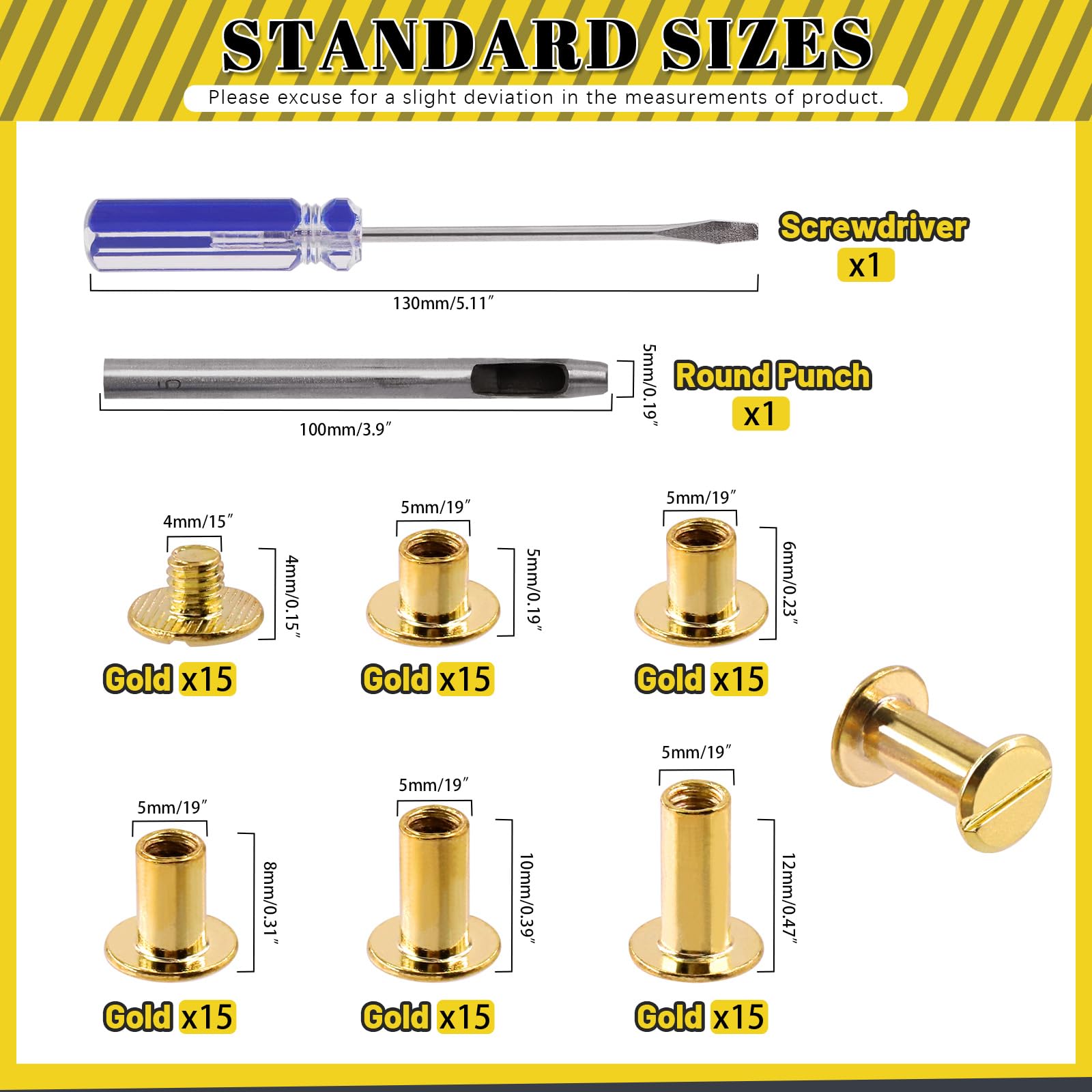 Mardatt 152Pcs 5 Sizes Chicago Screws with Punch and Screwdriver, M5 x 5/6/8/10/12MM Carbon Steel Chicago Rivets M5 Chicago Binding Screws Flat Head Leather Rivets for DIY Leather Repair(Gold)