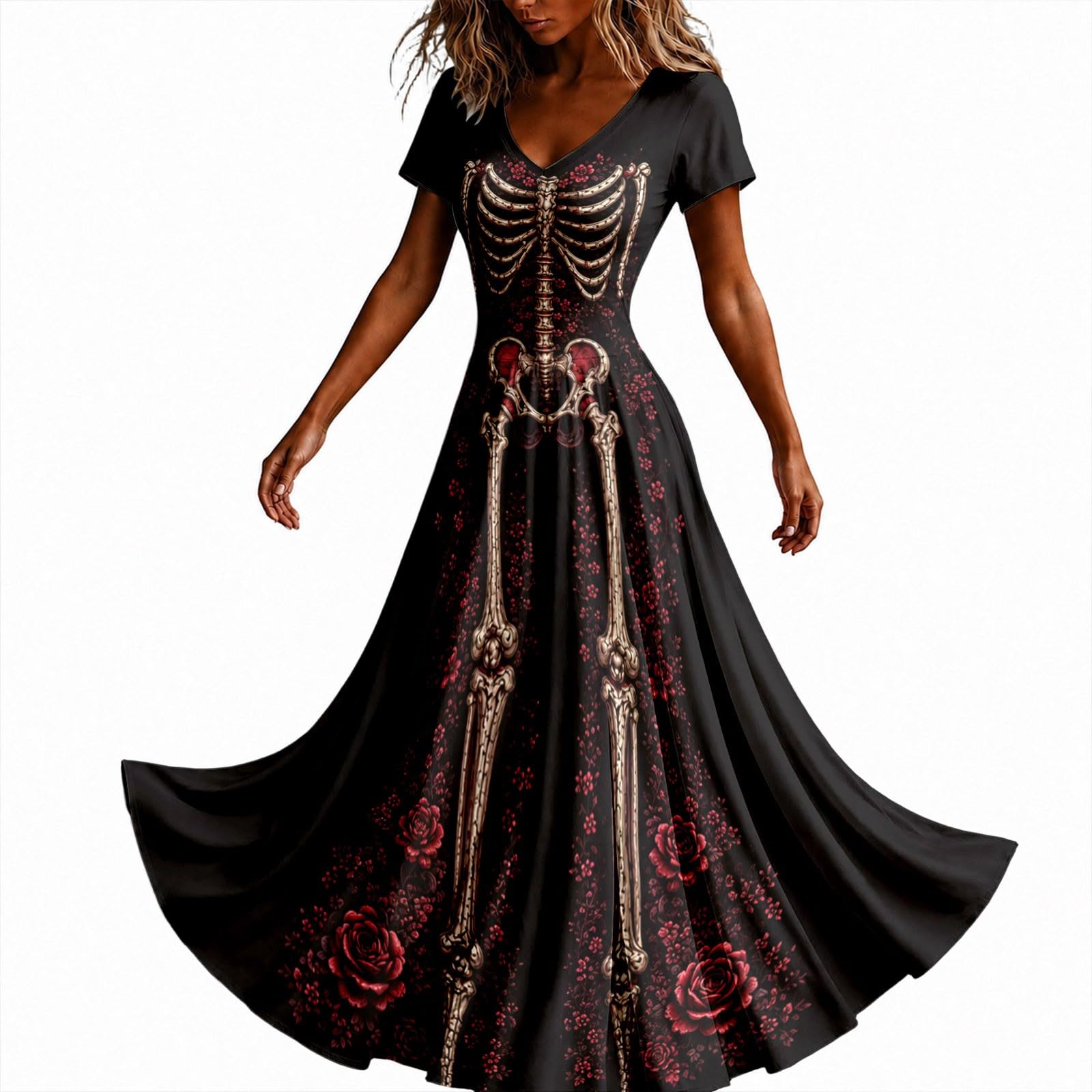 Halloween Dresses for Women UK Ladies Gothic Dress Skeleton Print Costume Short Sleeve V Neck Plus Size Costumes Scary Funny Skeleton Printed Halloween Elegan Flowy Maxi Dress Cosplay Party