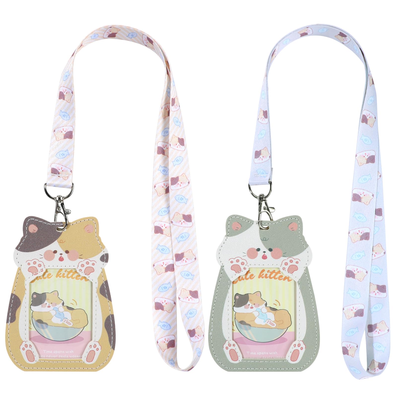 NEWEST 2Pcs Cute Cat Lanyard for ID Badge Holders, Funny PU Leather ID Card Holder Case, Cartoon Animal Detachable Keychain ID Name Tag Protector