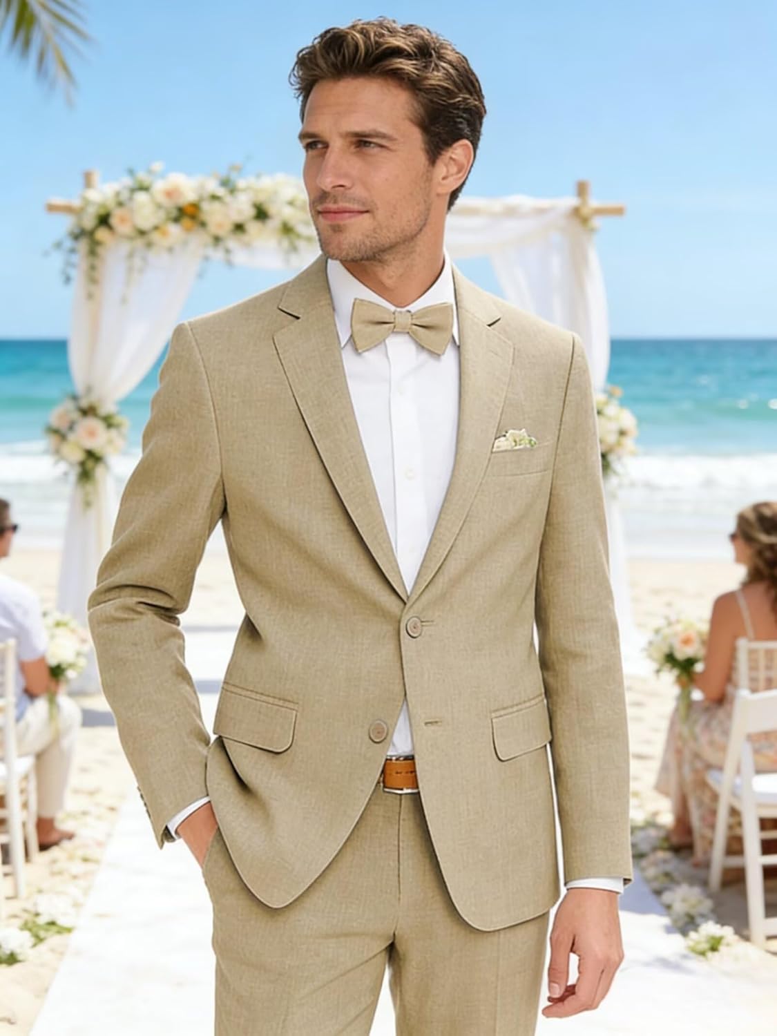 Mens Linen Suit Summer Beach Wedding Suits for Men 2 Piece Casual Business Outfit Dress Blazer Pants Set