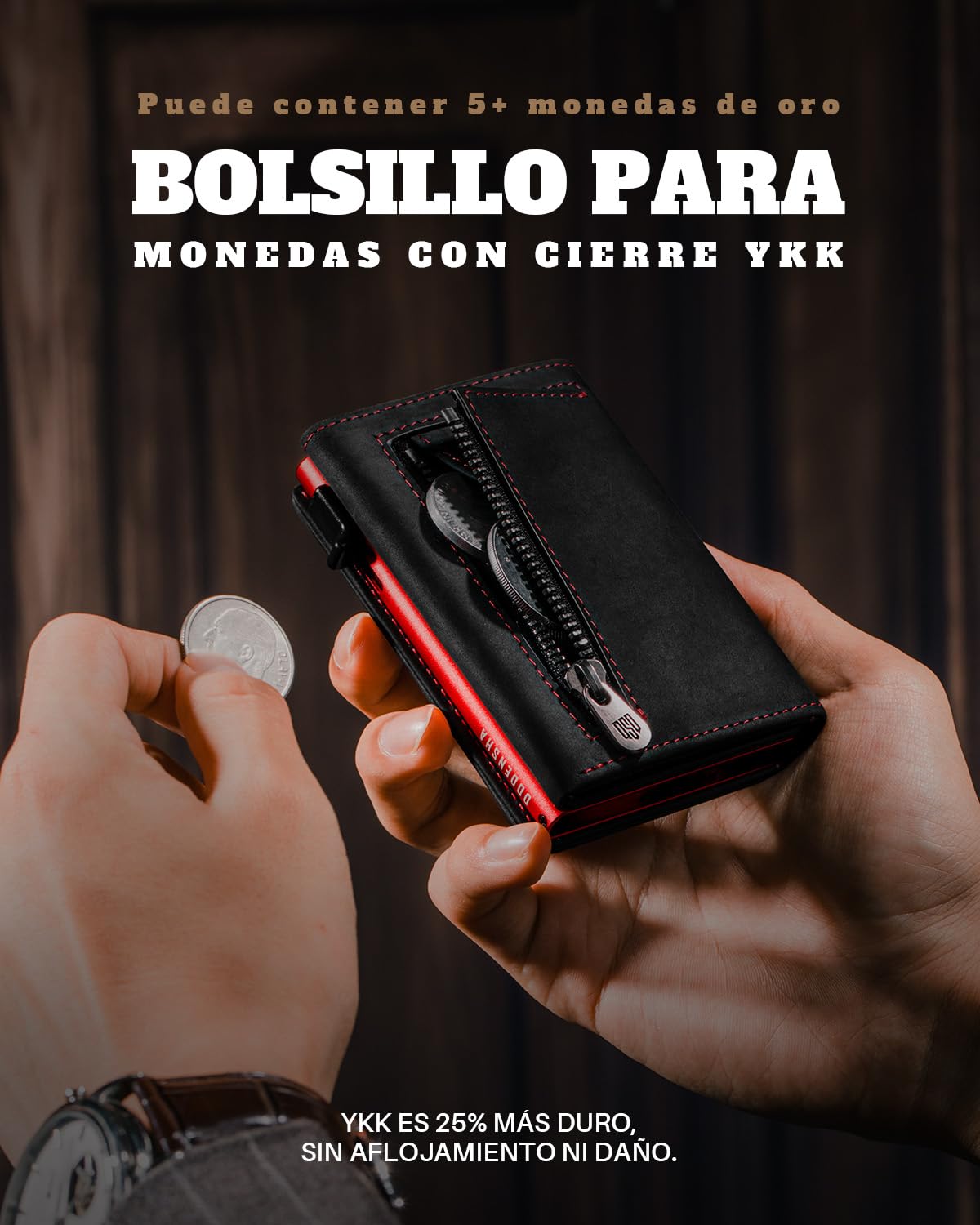DODENSHA Cartera de Hombre Portátil de Cuero Genuino Marrón con Protección RFID, 10+ Tarjetas de Crédito, Portamonederos, Cierre Magnético, negro / rojo, 10cm x 6.5cm x 2cm, Minimalista