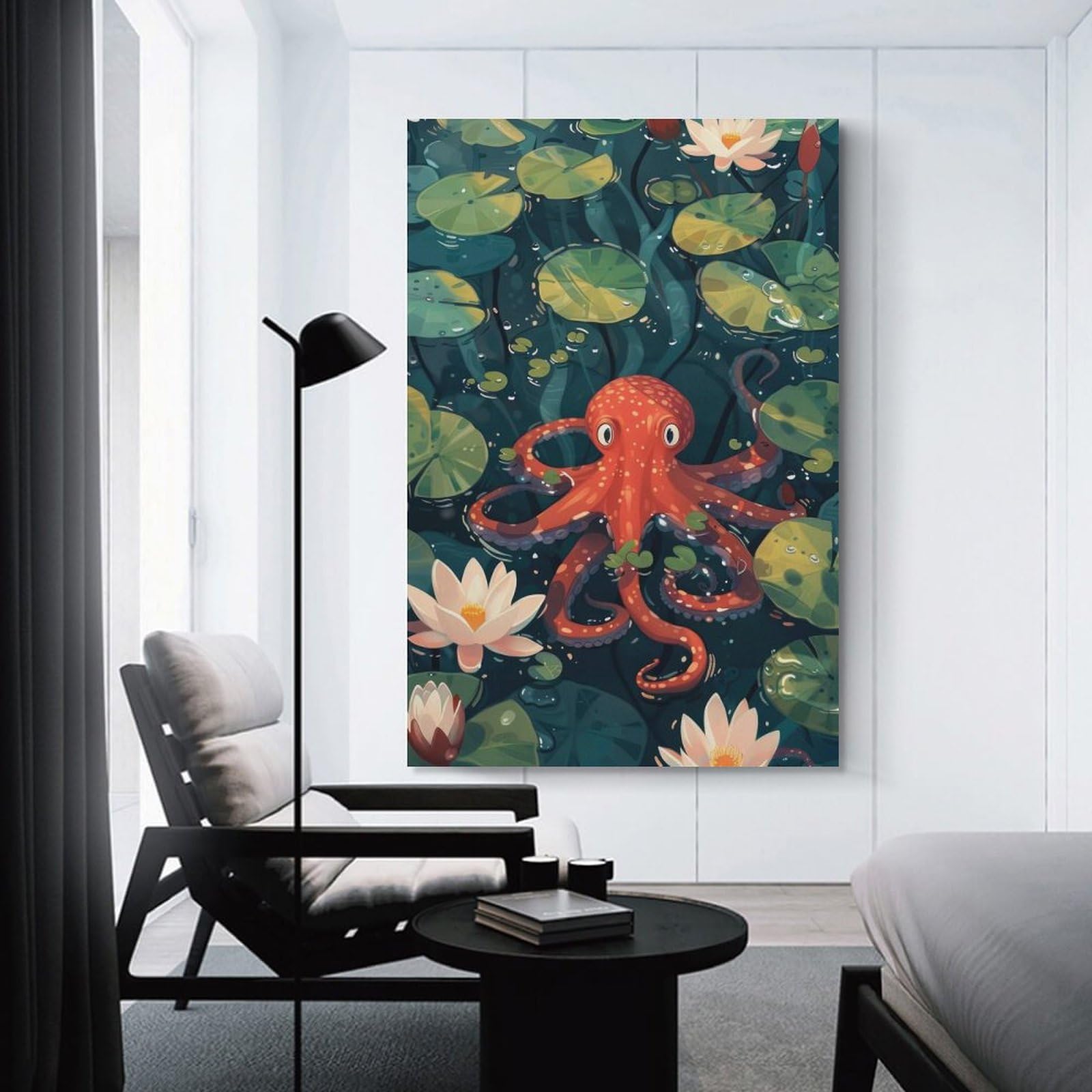 Junmoney Cute Octopus in Lily Pond Canvas Wall Art 20x30inch(50x75cm), for Art Walls, Layered Displays Or Homes, Decorative Artwork with Flexible Styling