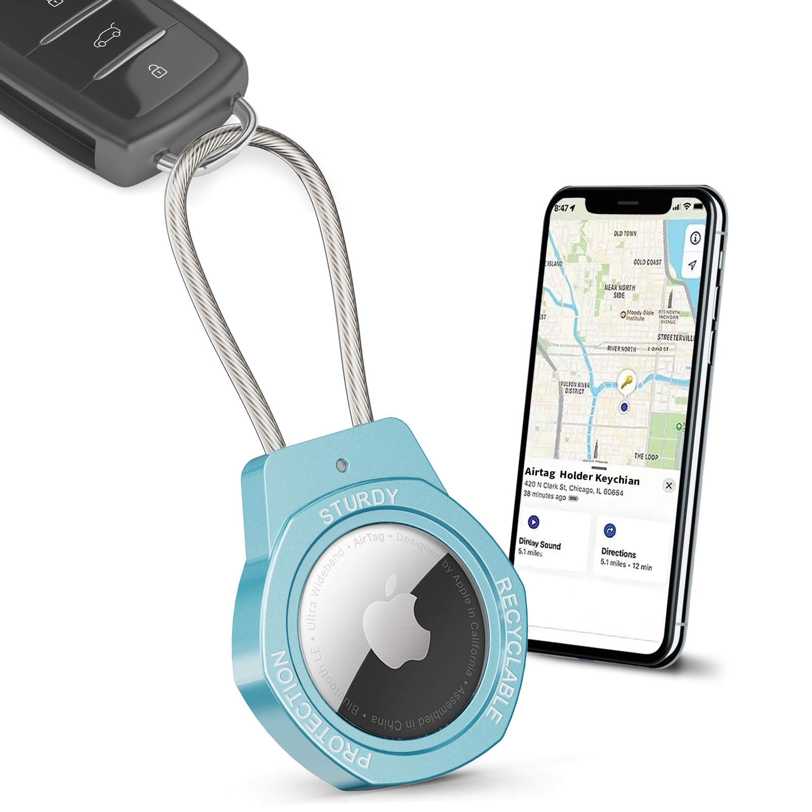 AirTag Keychain Holder - Airtag Lock Case with Wire Cable Compatible with Apple AirTags,Aluminum Ultra Durable AirTag holder Case with Wire Cable
