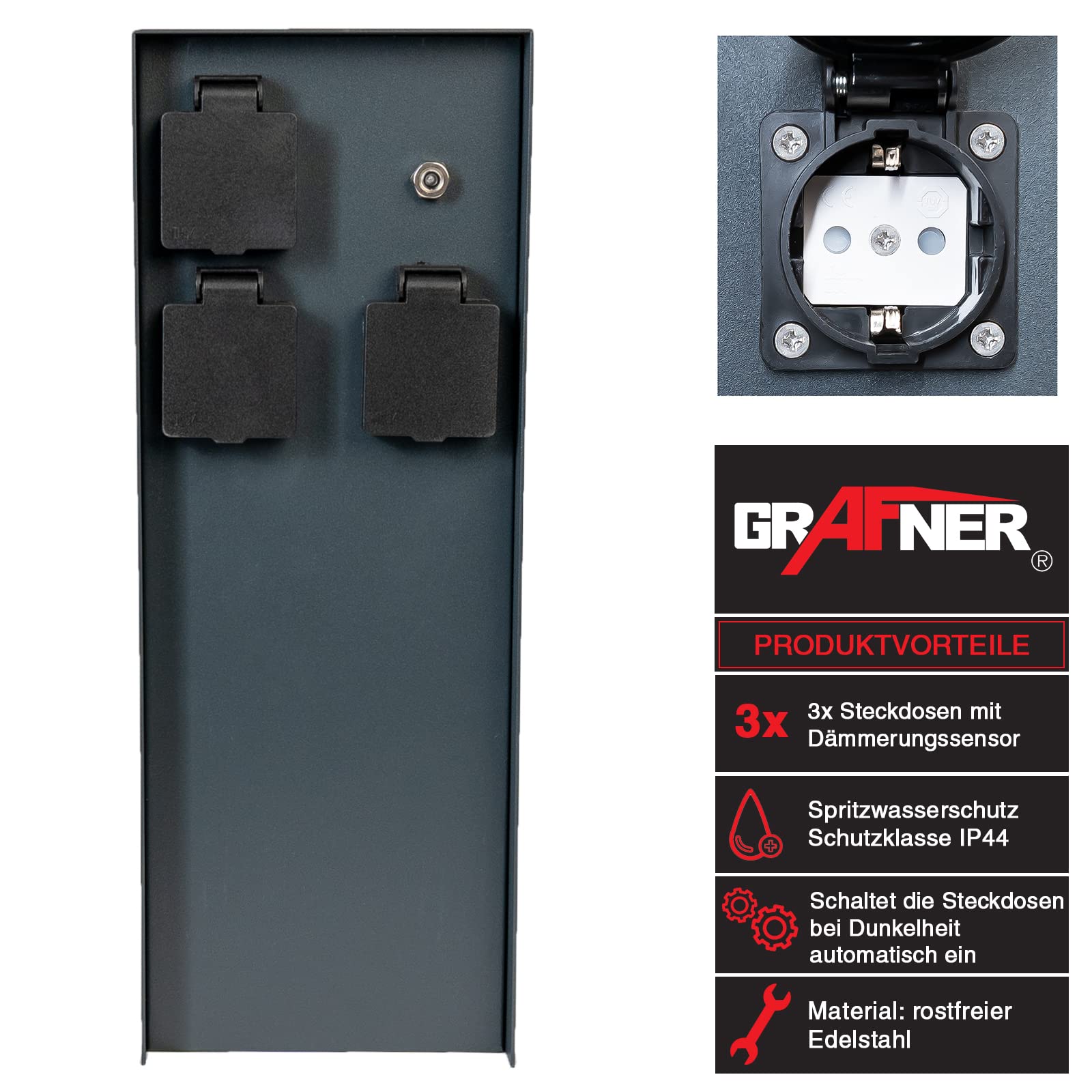 Grafner Edelstahl Design Gartensteckdose Dämmerungssensor, 3 Steckdosen, IP44, eckig, anthrazit, KEIN ROST – Pulverbeschichtung, Energiesäule Mehrfach Metall Außen Steckdose schwarz Helligkeitssensor