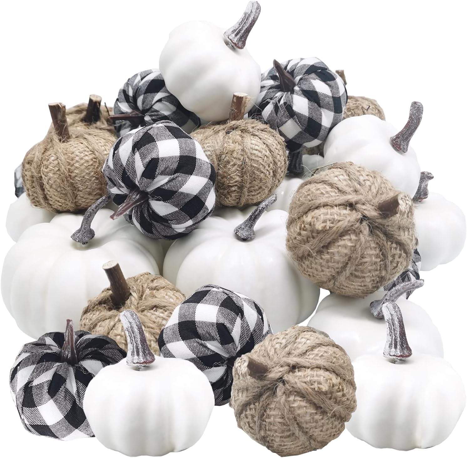 24 Pcs Various Artificial Pumpkins Set,White Pumpkins,Cloth Black White Plaid Fabric Pumkins and Flax Pumpkin in Different Size,Faux Realistic Pumpkin for Halloween,Thanksgiving Party Decor