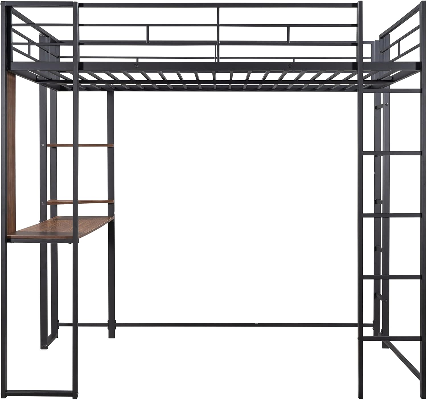 Bellemave Full Size Metal Loft Bed with Desk and Storage Shelves,Heavy Duty Loft Bed Frame with Safety Guardrail for Kids Teens Adults,Space Saving,Black