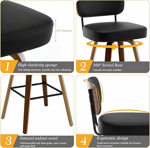 Miniatura 29 de Bekrvio Juego de 3 taburetes de bar giratorios de altura de mostrador, taburetes de bar tapizados de piel sintética con respaldo de ratán, sillas de