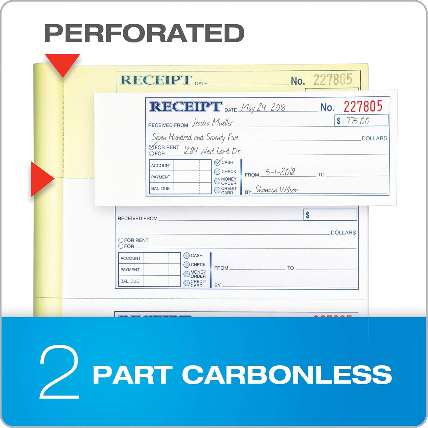 Adams Money and Rent Receipt Book, 2-Part, Carbonless, White/Canary, 7-5/8" x 10-7/8", Bound Wraparound Cover, 200 Sets per Book, 4 Receipts per Page (DC1182) : Receipt Book : Office Products